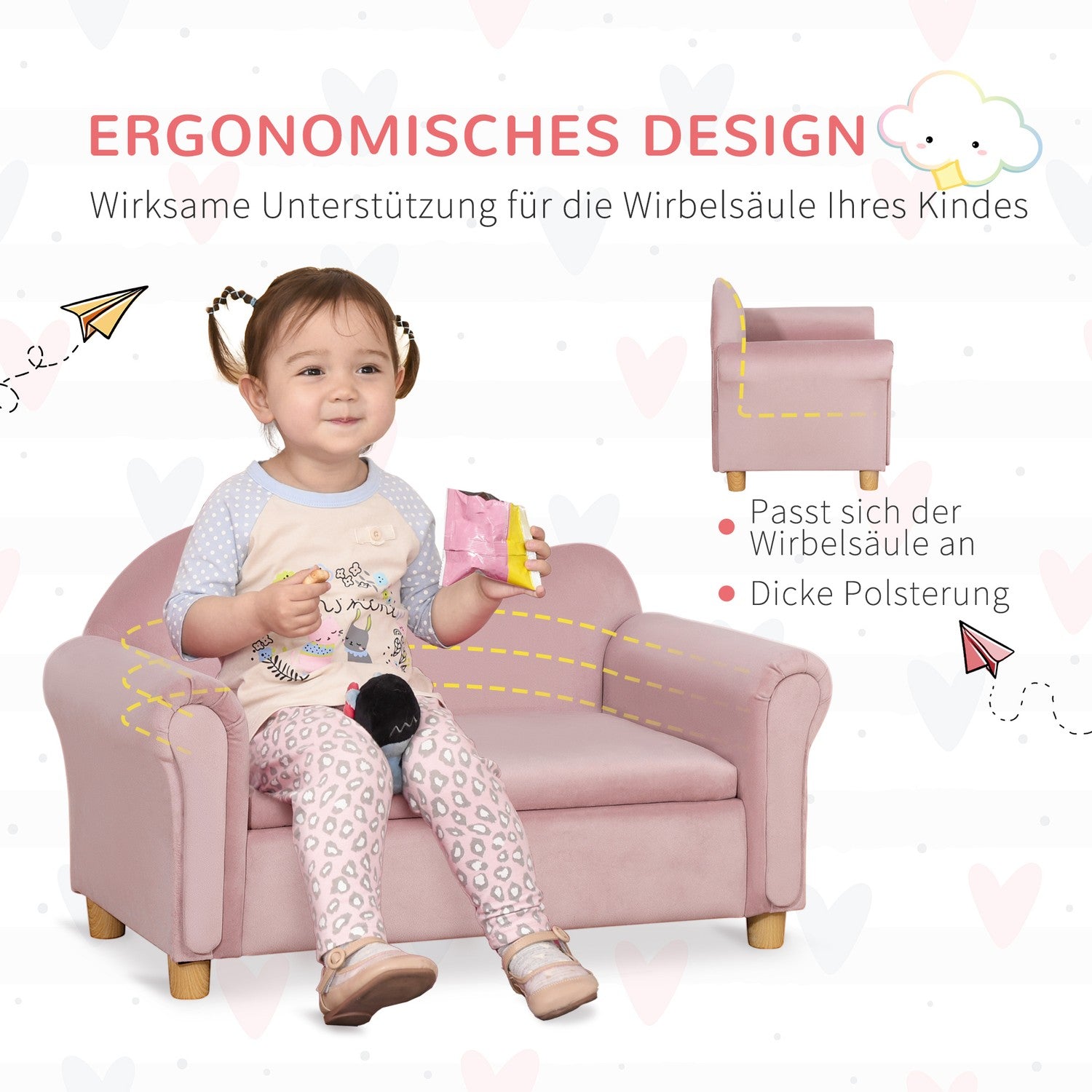 Roze fleecebank voor kinderen met opbergruimte, 2-zits, 3-5 jaar