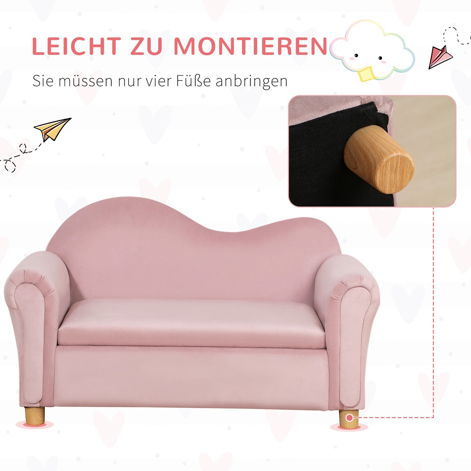 Roze fleecebank voor kinderen met opbergruimte, 2-zits, 3-5 jaar