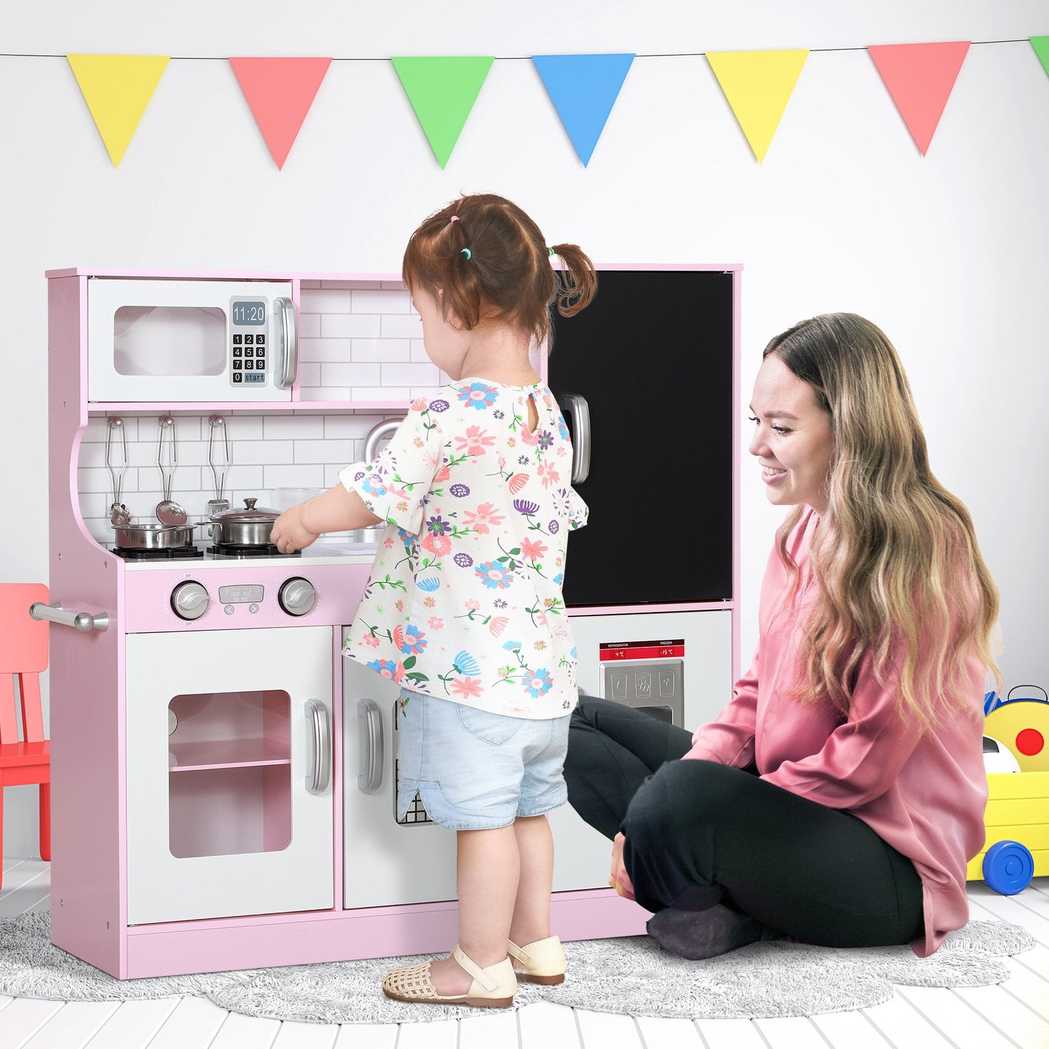 Roze speelkeuken voor kinderen met speelgoedtelefoon en accessoires