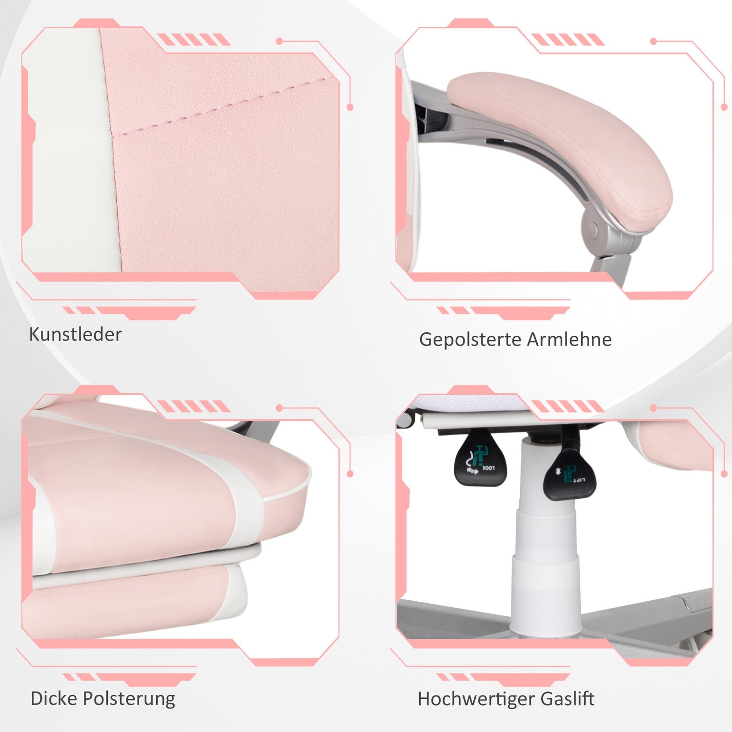 Roze gamingstoel met voetensteun en verstelbare kussens