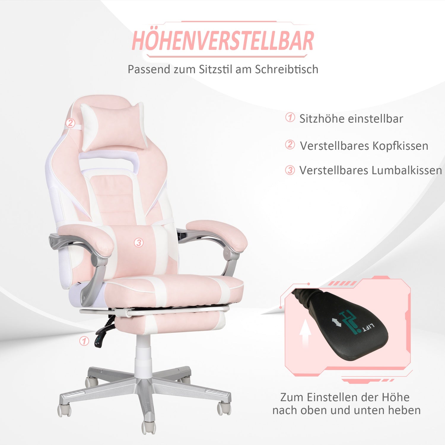 Roze gamingstoel met voetensteun en verstelbare kussens