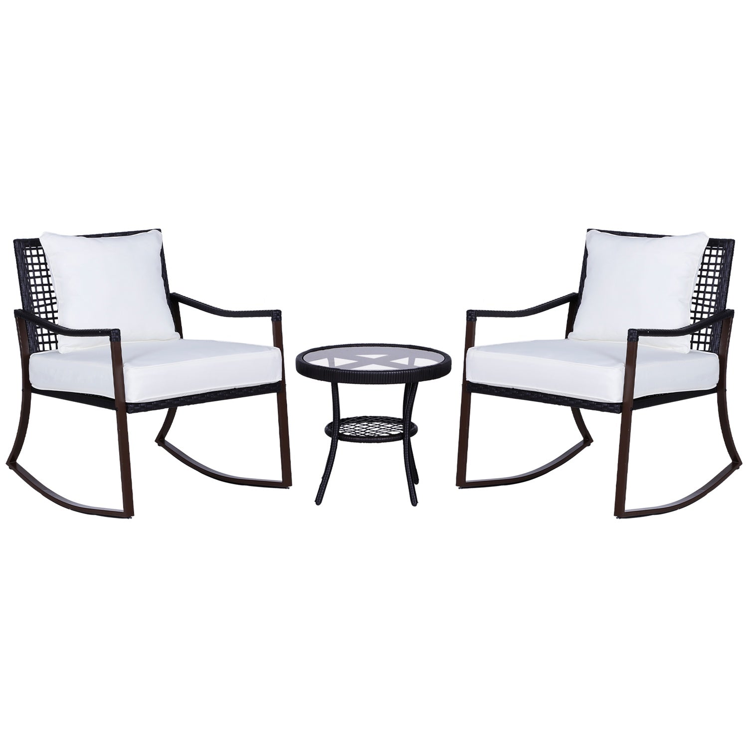 Rotan schommelstoelset voor 2 met kussens, bruin/wit