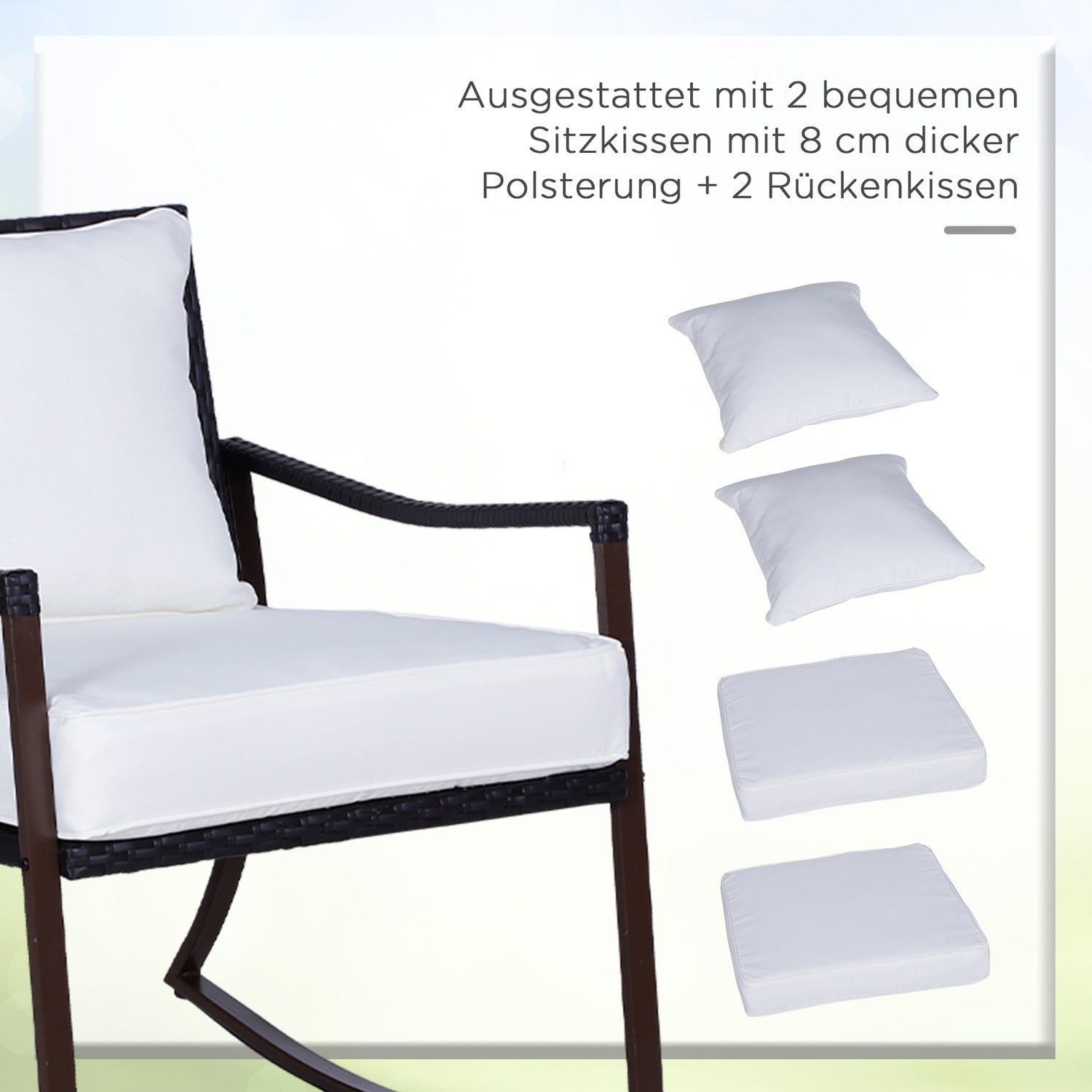 Rotan schommelstoelset voor 2 met kussens, bruin/wit