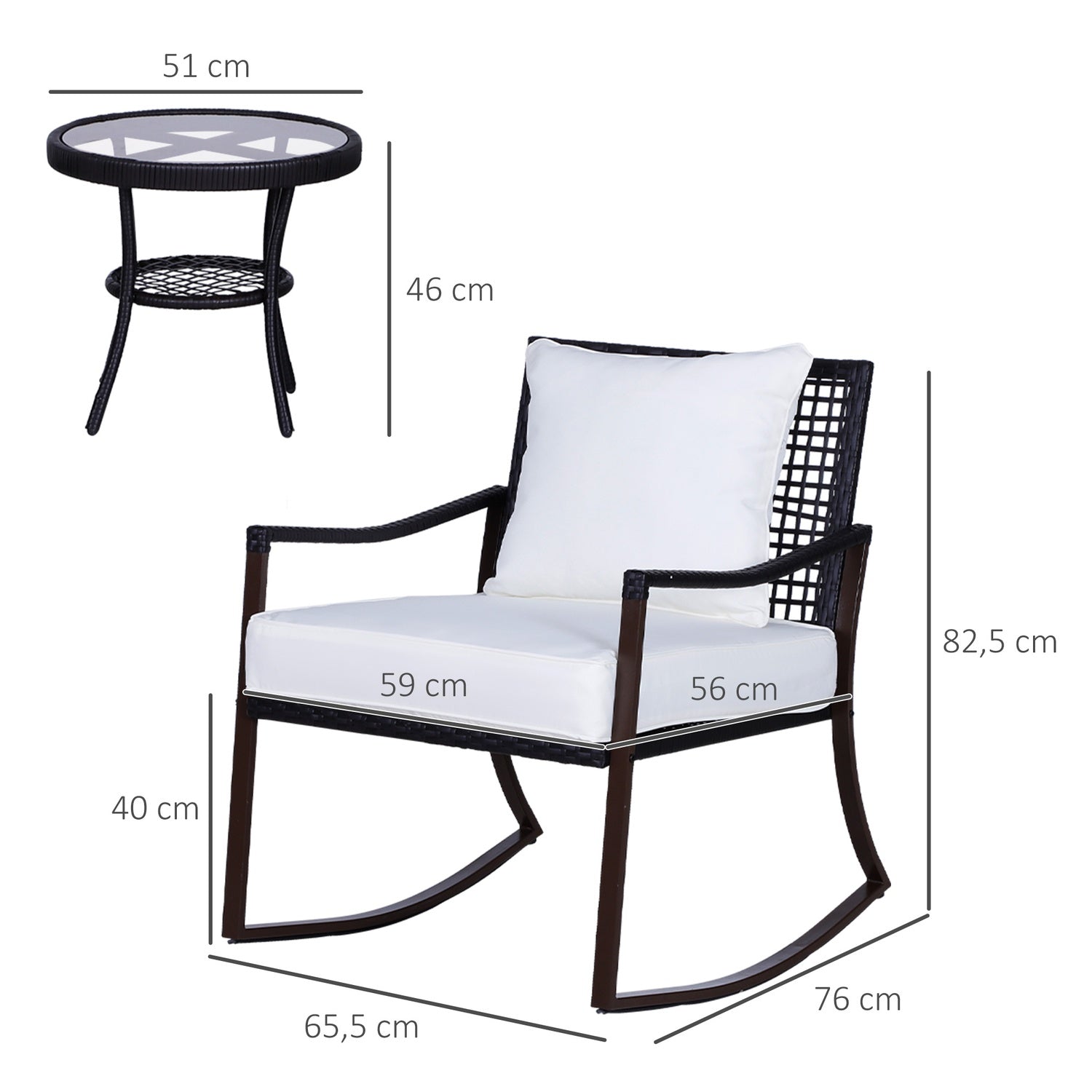 Rotan schommelstoelset voor 2 met kussens, bruin/wit