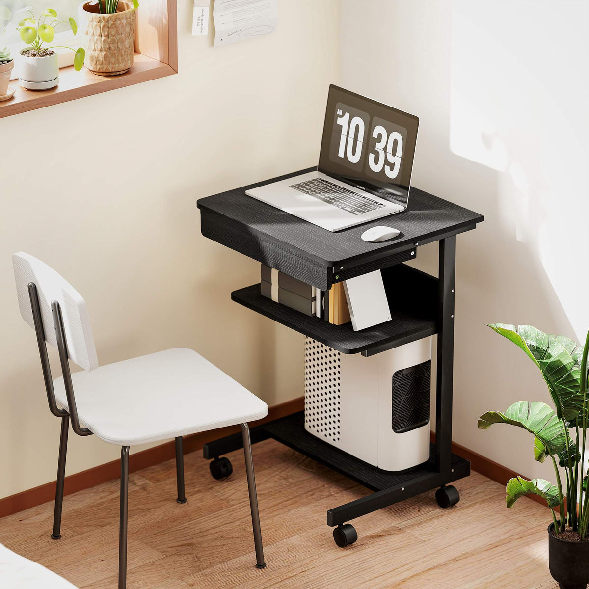 Rijdend computerbureau met lade, planken en vergrendelbare wielen