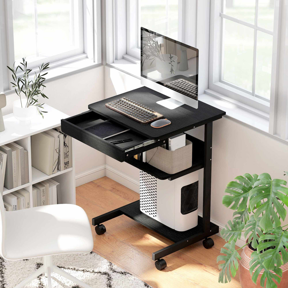 Rijdend computerbureau met lade, planken en vergrendelbare wielen