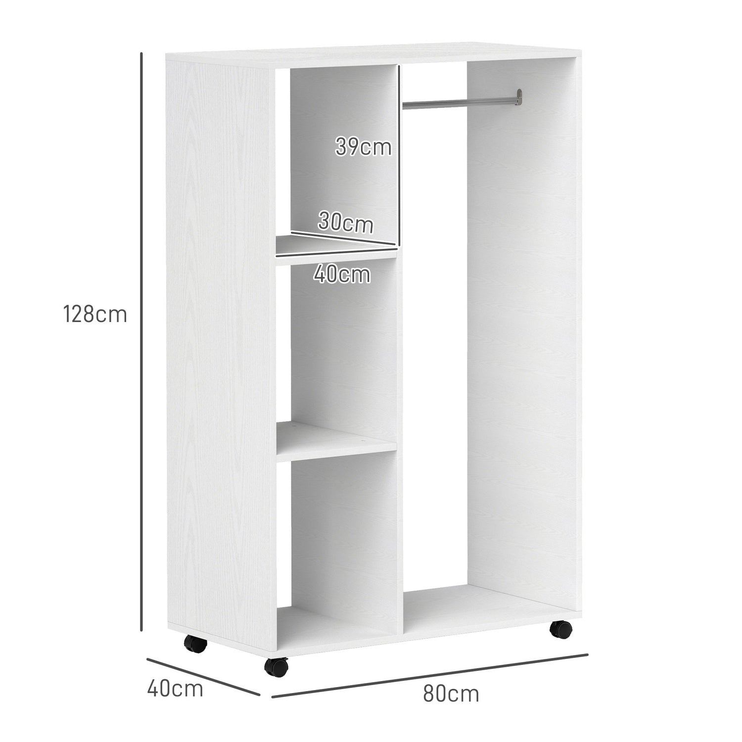 Rullande klädställ – 3 hyllor, skena, 80x40x128 cm, vit
