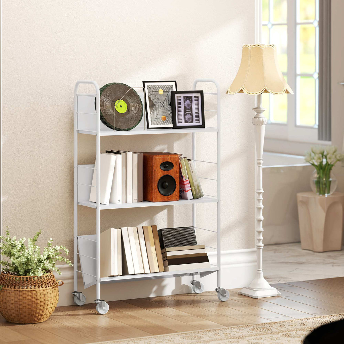 Rijdende metalen boekenkast met 3 niveaus, 69 x 26 x 108 cm, wit