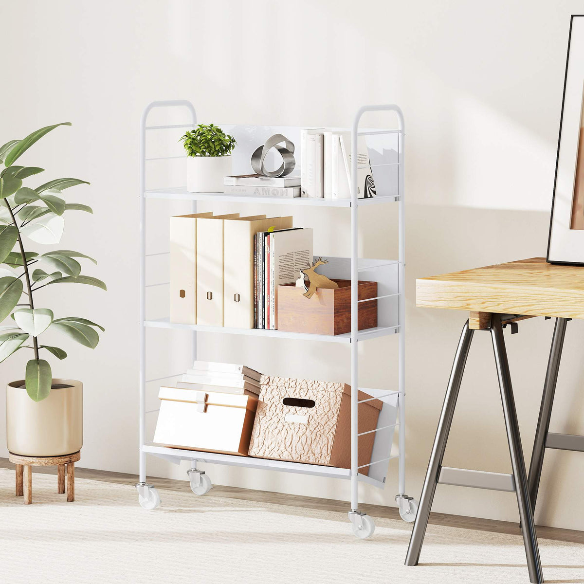 Rijdende metalen boekenkast met 3 niveaus, 69 x 26 x 108 cm, wit