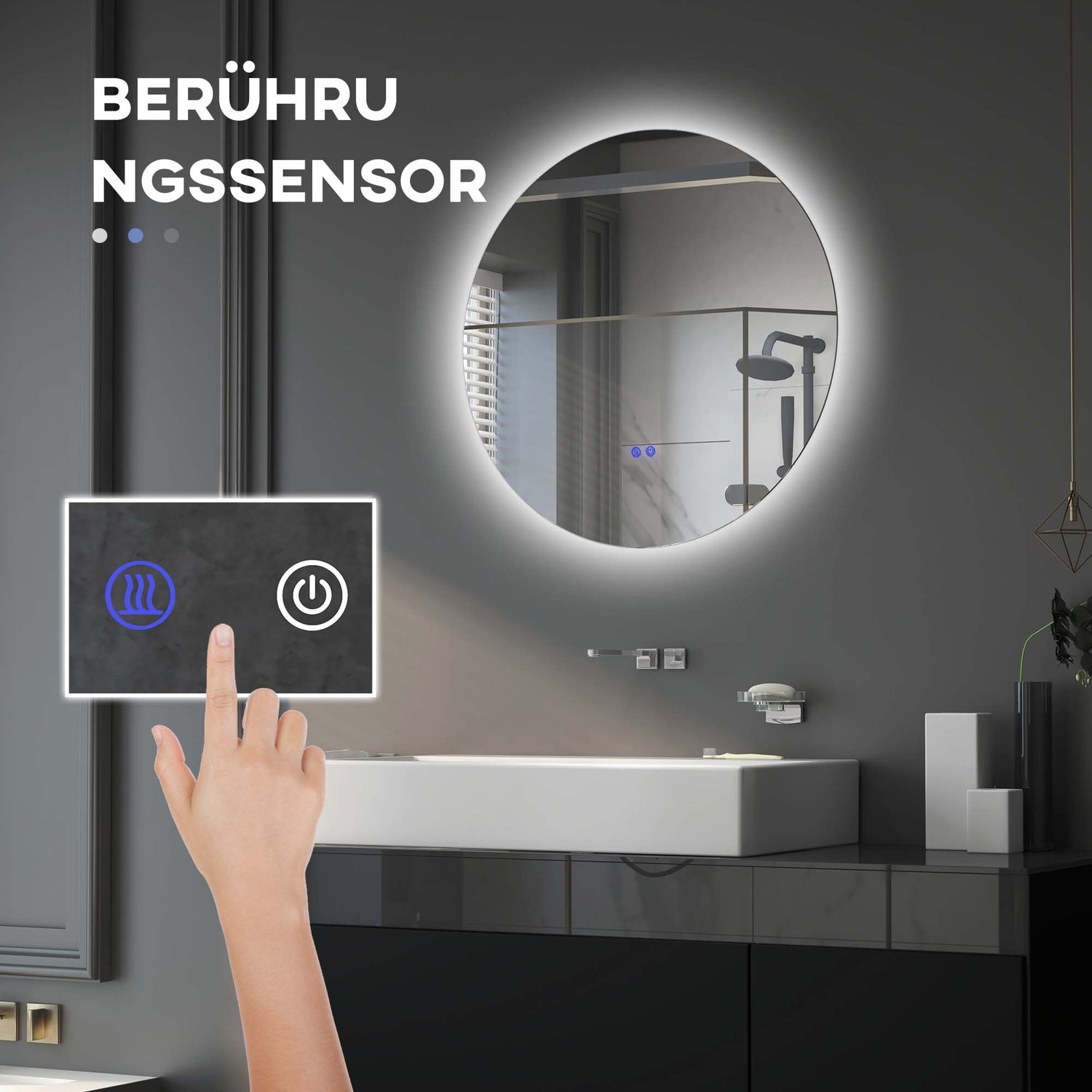 Ronde LED Badkamerspiegel, Touch Schakelaar, Anti-Condens, 3 lichtkleuren