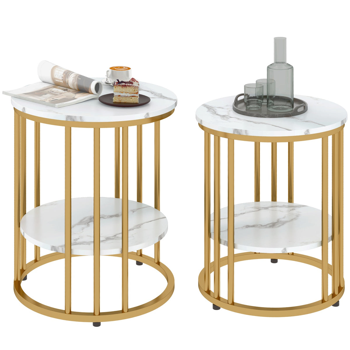 Ronde salontafels met wit marmerlook met plank, set van 2