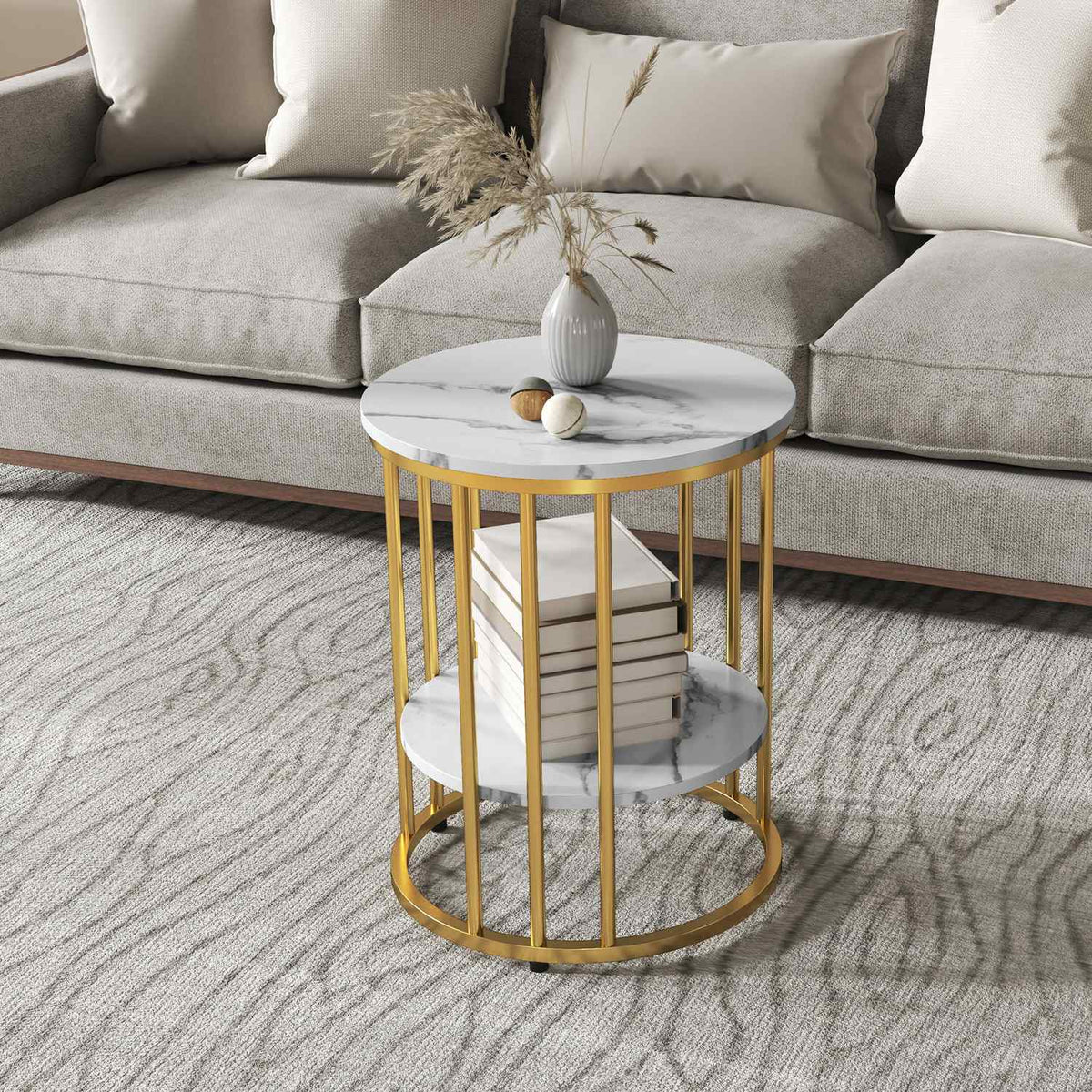 Ronde salontafels met wit marmerlook met plank, set van 2