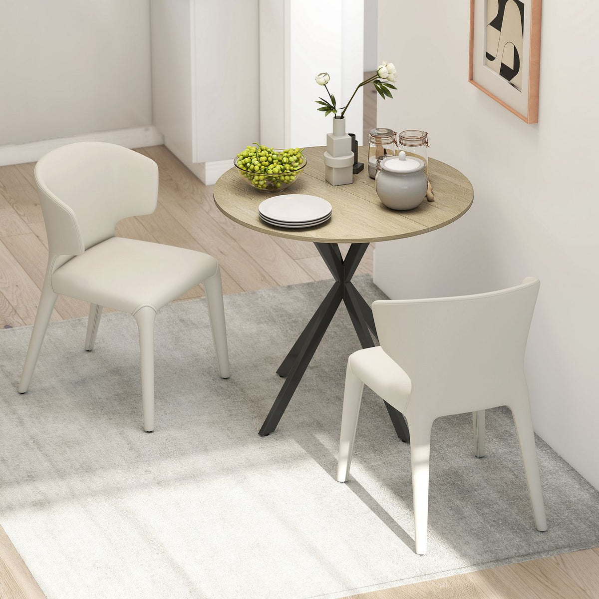 Ronde keukentafel, 80 cm, compact tafelblad, spaanplaat, metaal, wit eiken+zwart