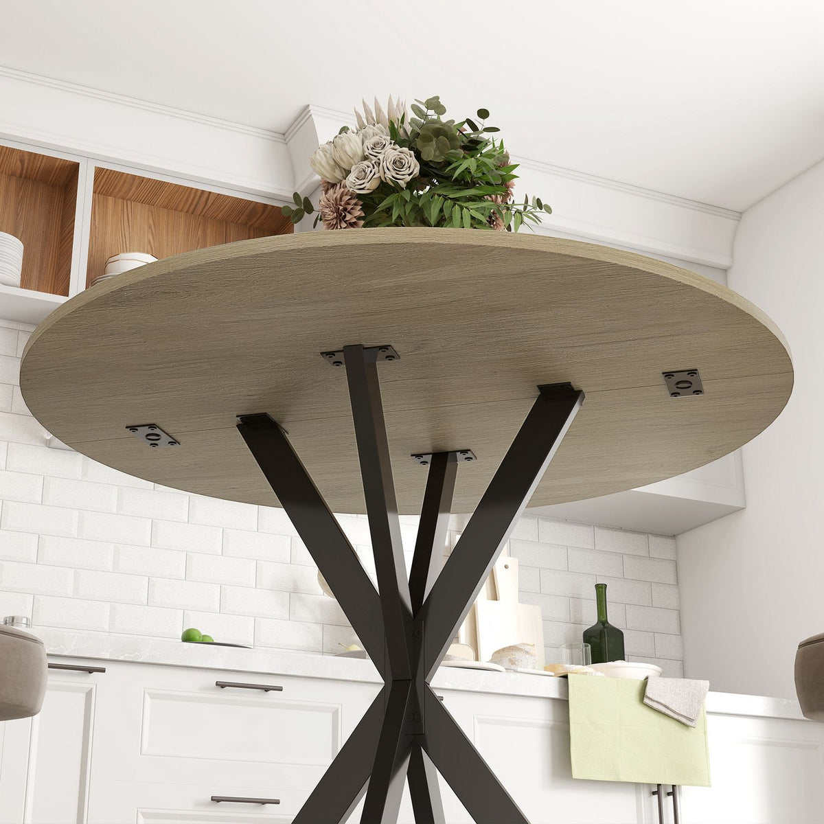Ronde keukentafel, 80 cm, compact tafelblad, spaanplaat, metaal, wit eiken+zwart