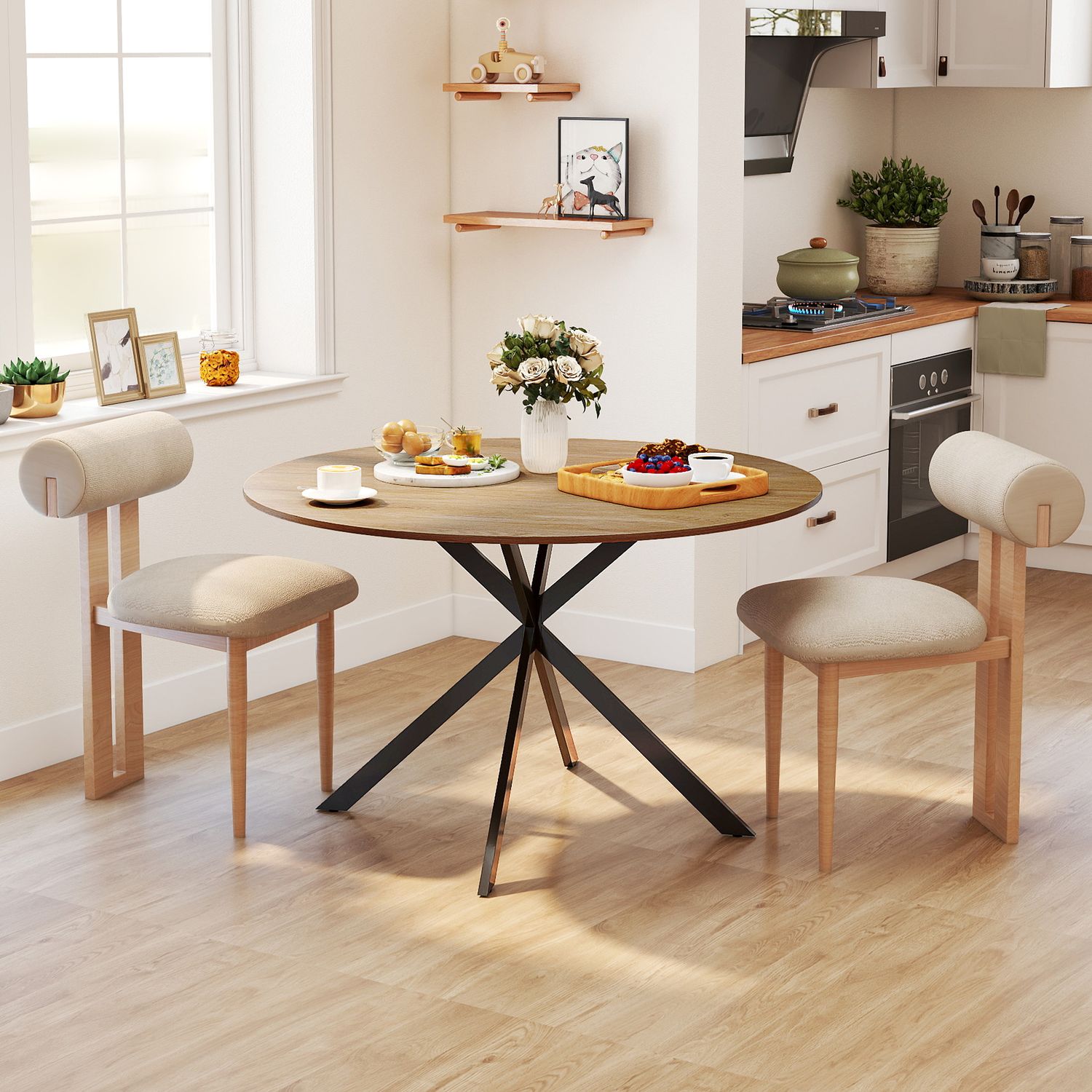 Ronde eettafel voor 4 personen, keukentafel in industriële stijl met stalen poten, voor eetkamer, keuken, eiken