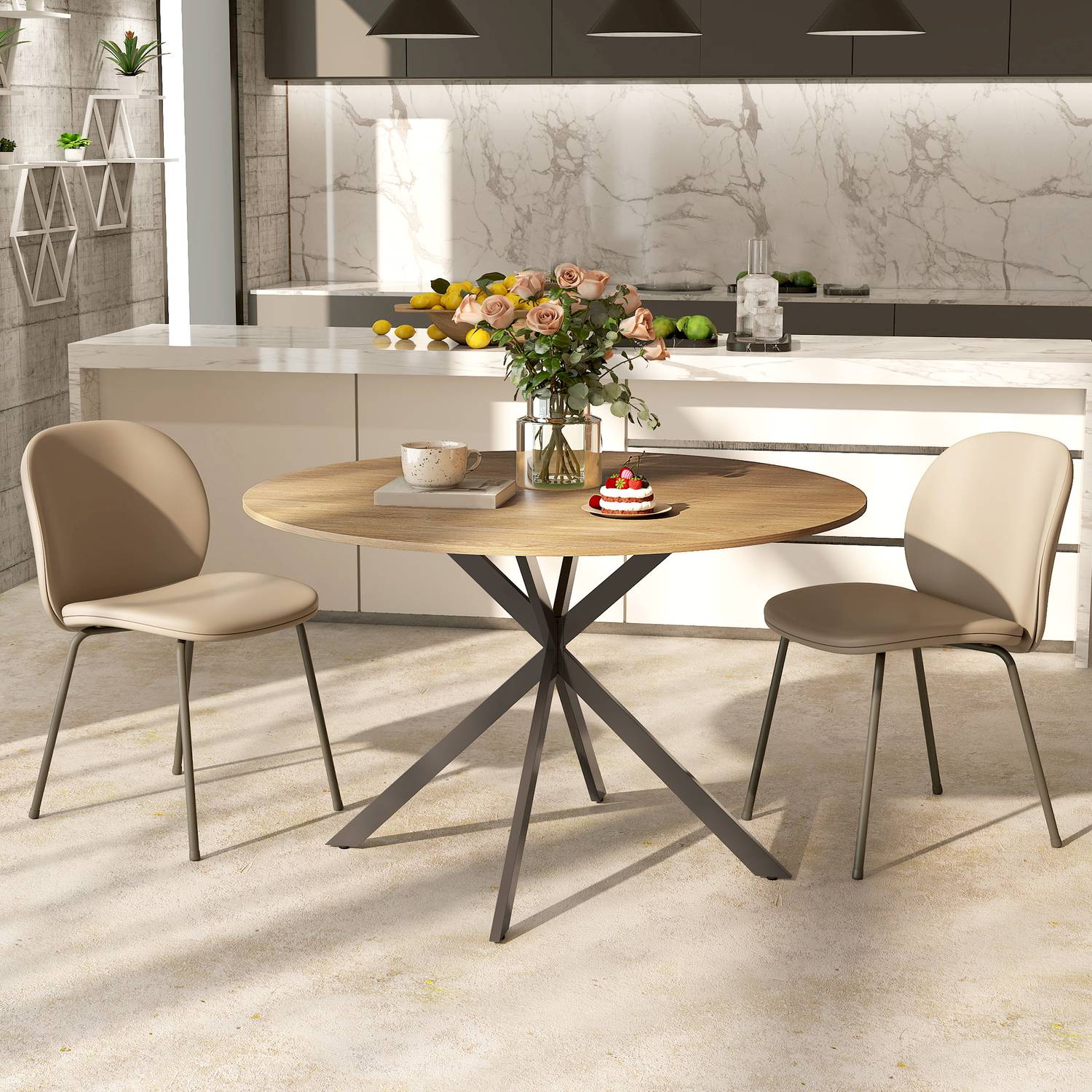 Ronde eettafel voor 4 personen, keukentafel in industriële stijl met stalen poten, voor eetkamer, keuken, eiken