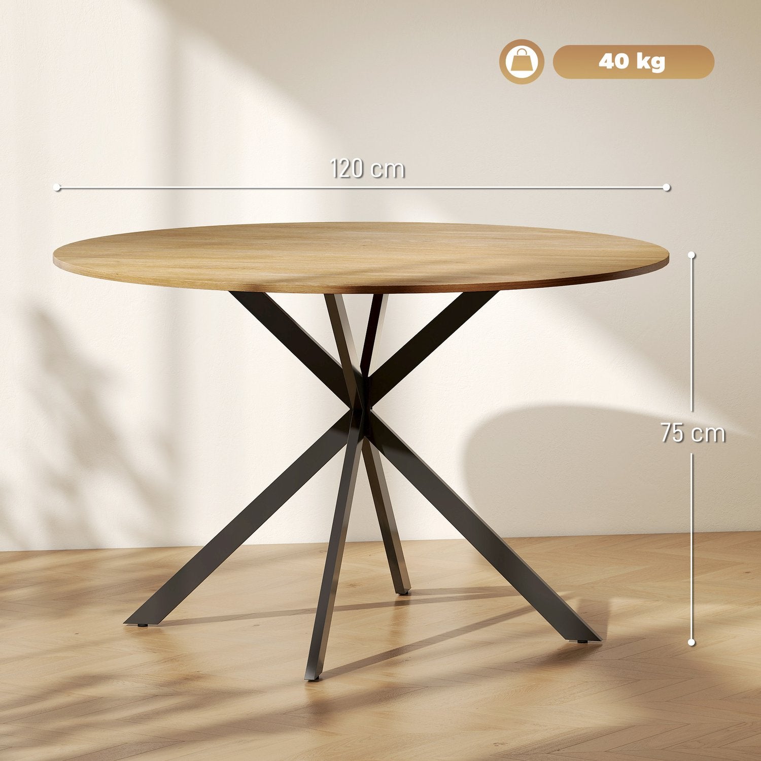 Ronde eettafel voor 4 personen, keukentafel in industriële stijl met stalen poten, voor eetkamer, keuken, eiken