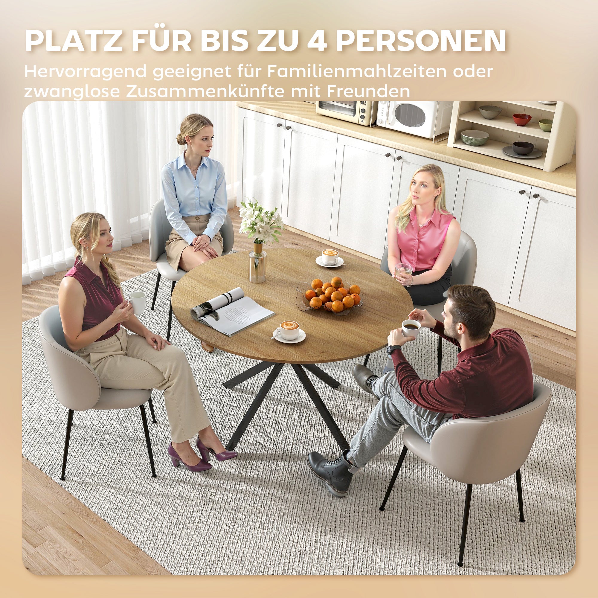 Ronde eettafel voor 4 personen, keukentafel in industriële stijl met stalen poten, voor eetkamer, keuken, eiken