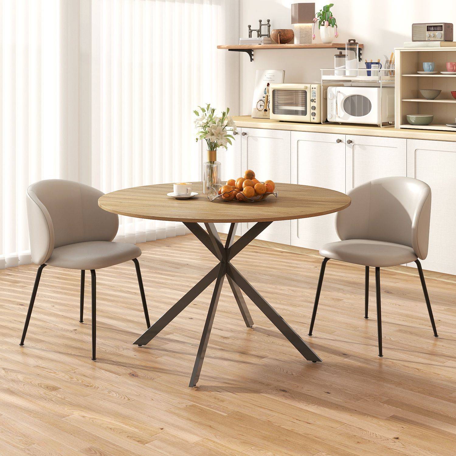 Ronde eettafel voor 4 personen, keukentafel in industriële stijl met stalen poten, voor eetkamer, keuken, eiken