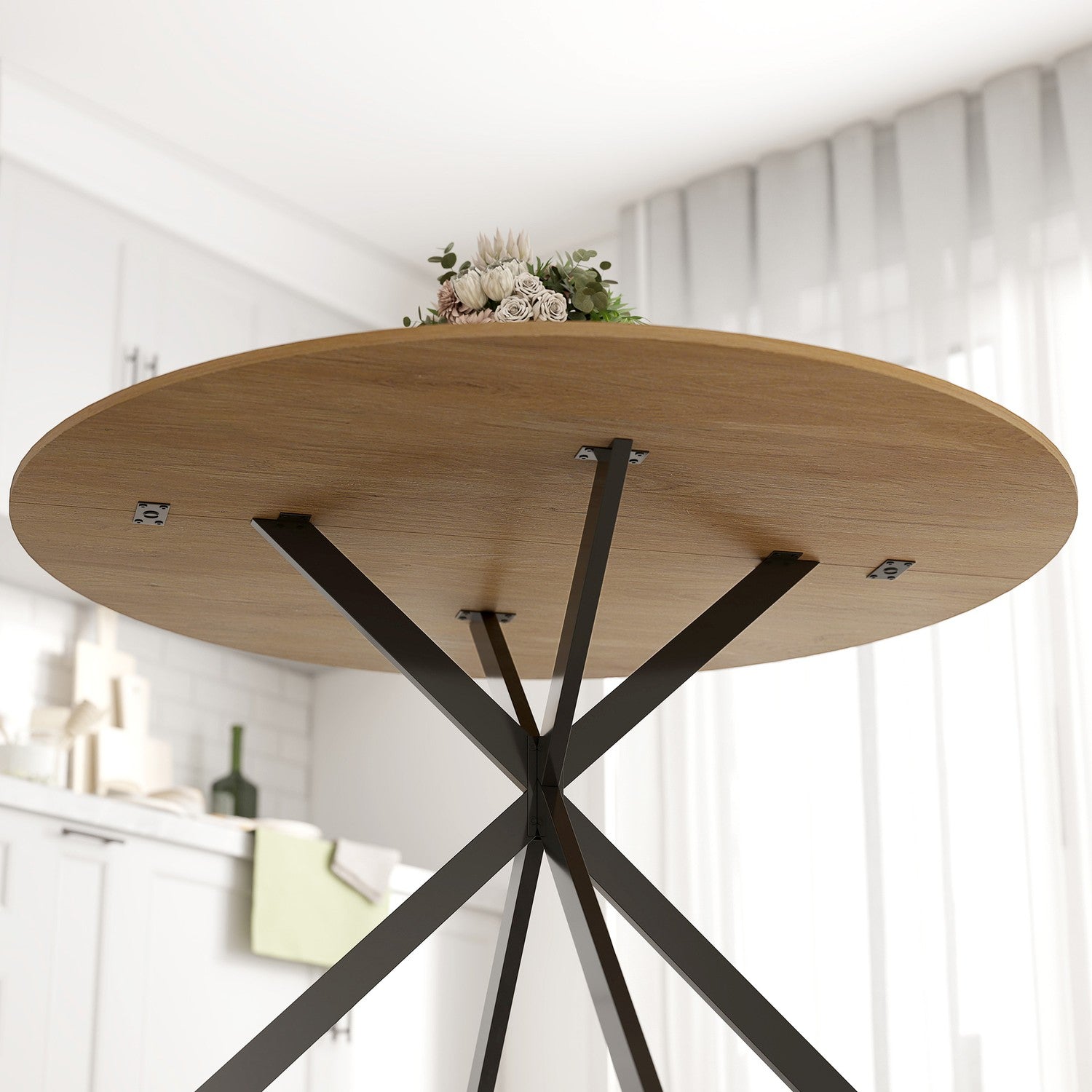 Ronde eettafel voor 4 personen, keukentafel in industriële stijl met stalen poten, voor eetkamer, keuken, eiken