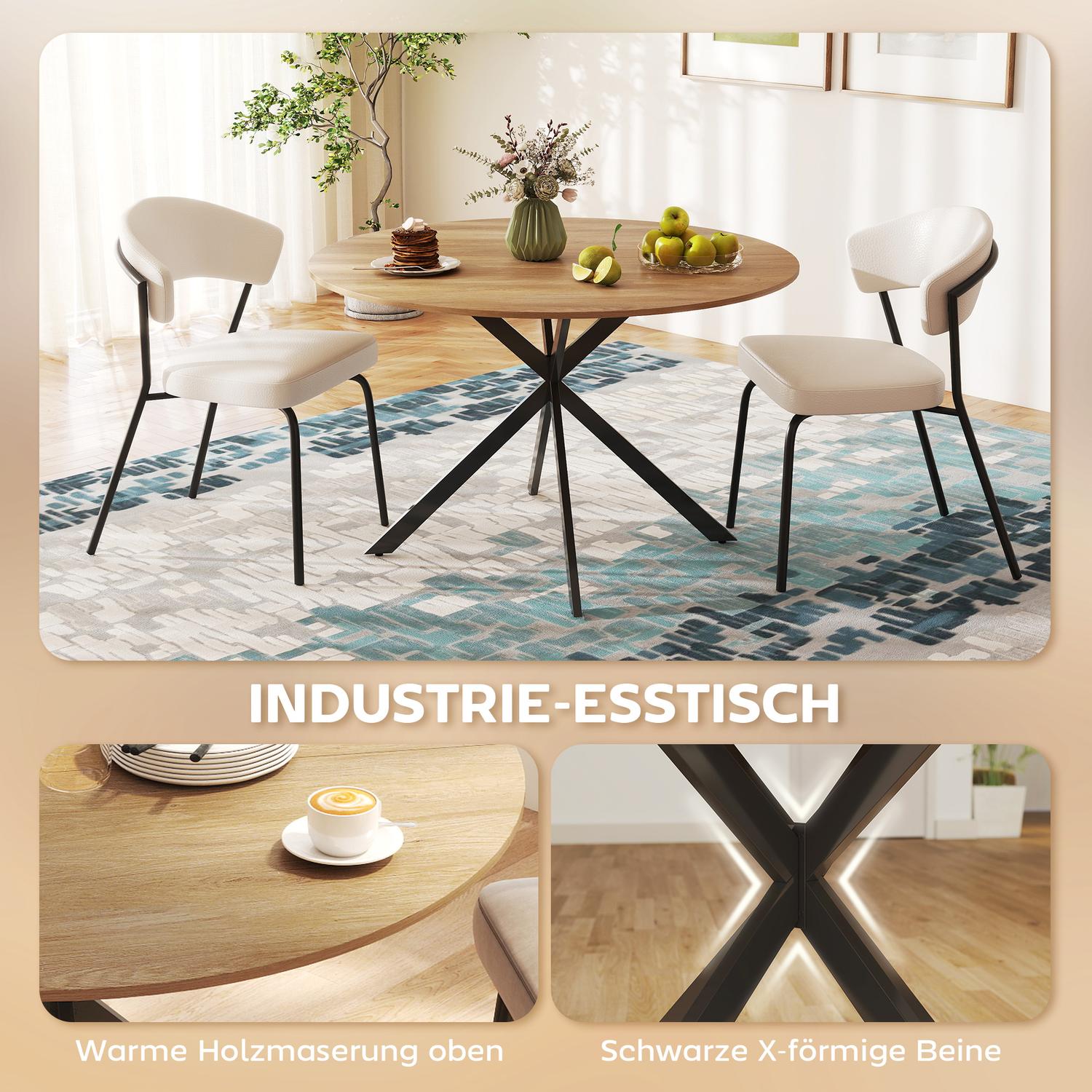 Ronde eettafel voor 4 personen, keukentafel in industriële stijl met stalen poten, voor eetkamer, keuken, eiken