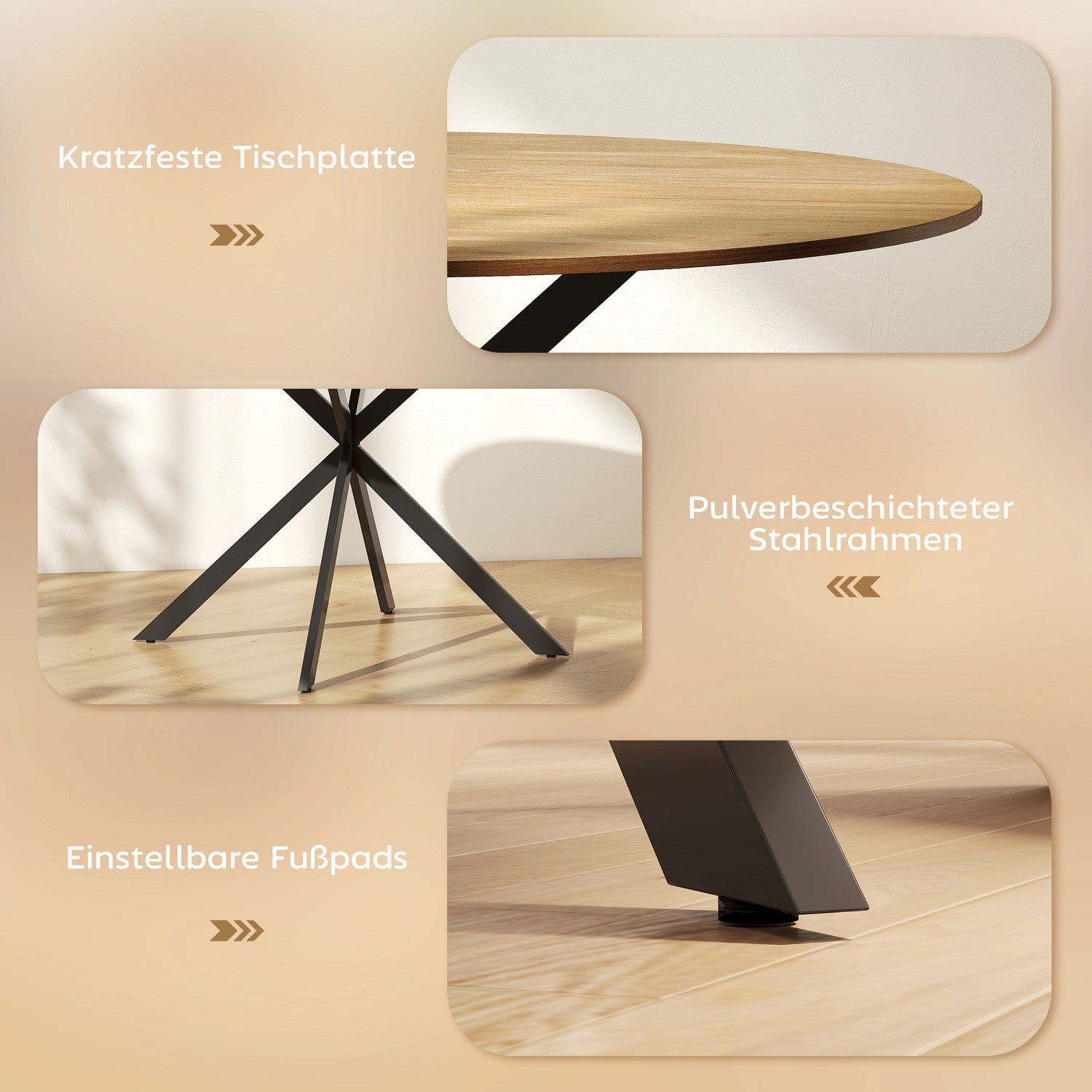 Ronde eettafel voor 4 personen, keukentafel in industriële stijl met stalen poten, voor eetkamer, keuken, eiken