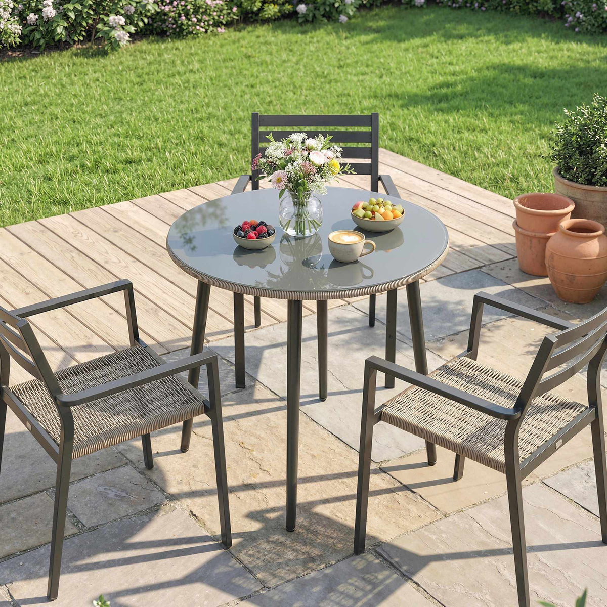 Ronde eettafel voor buiten, 80 cm, glas en rotan