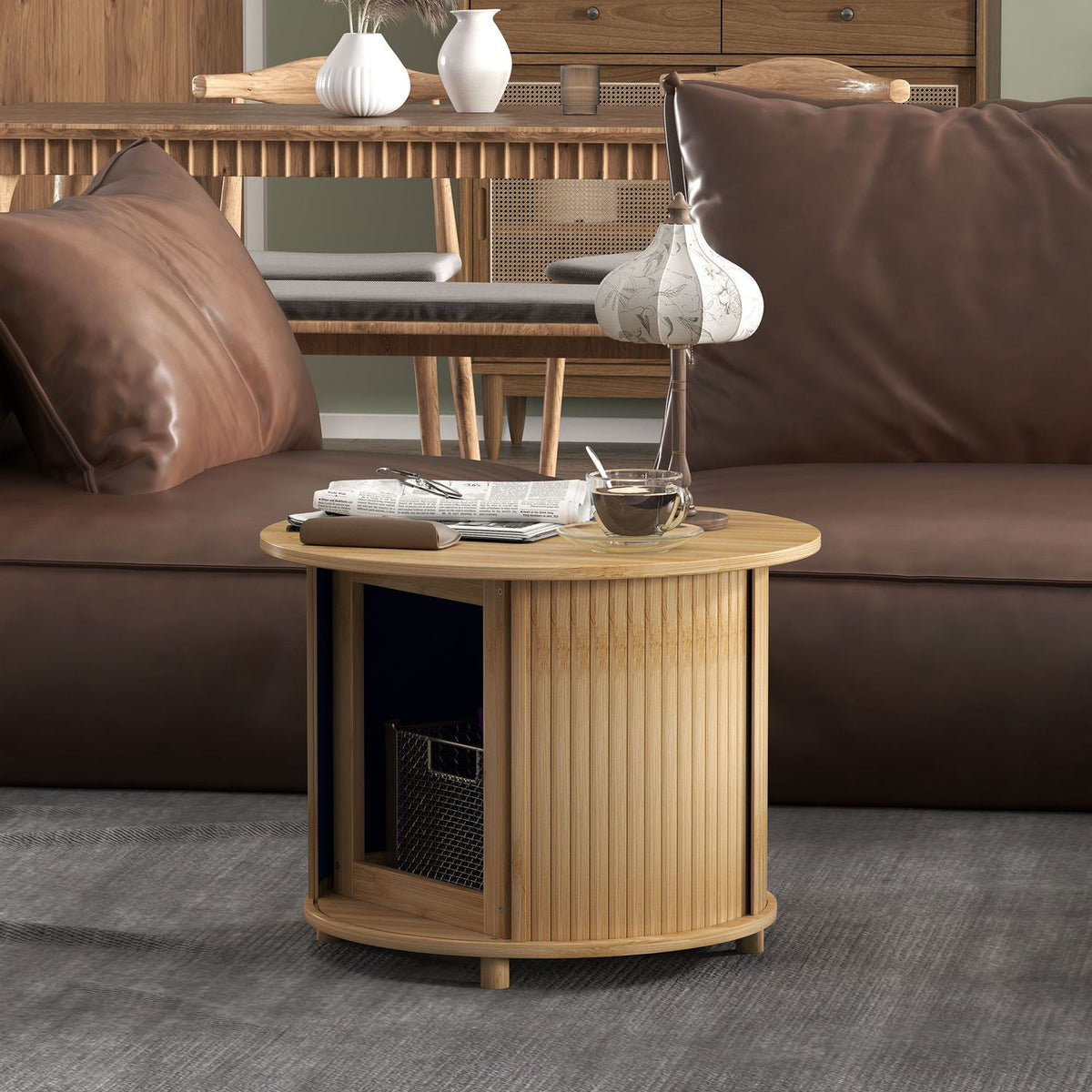 Ronde bamboe salontafel met opbergruimte – modern design