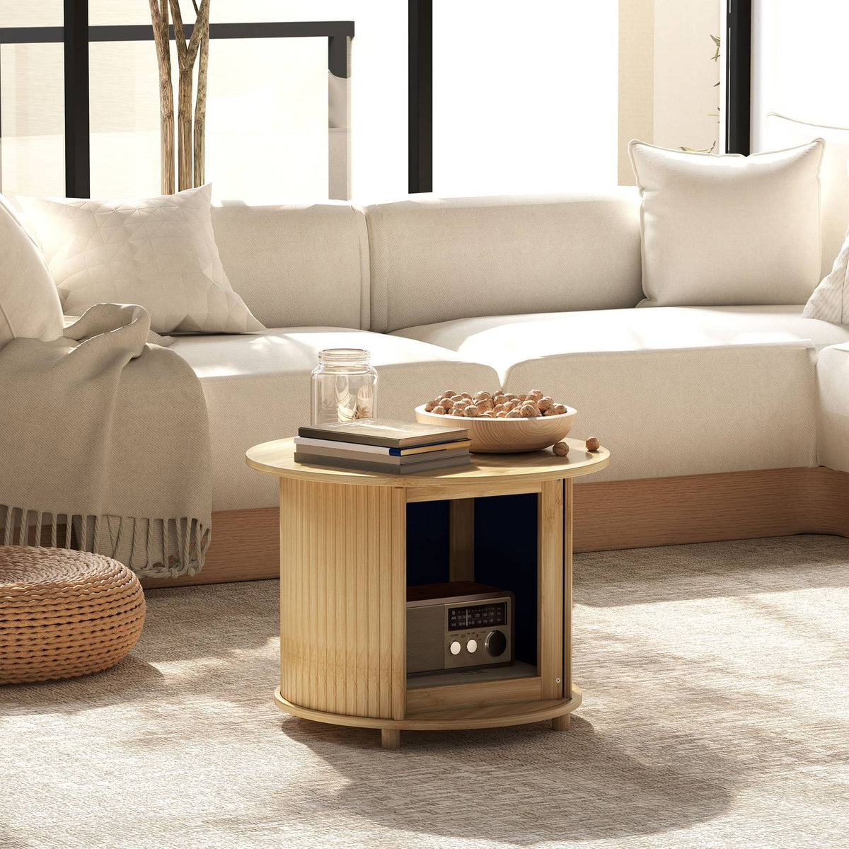 Ronde bamboe salontafel met opbergruimte – modern design