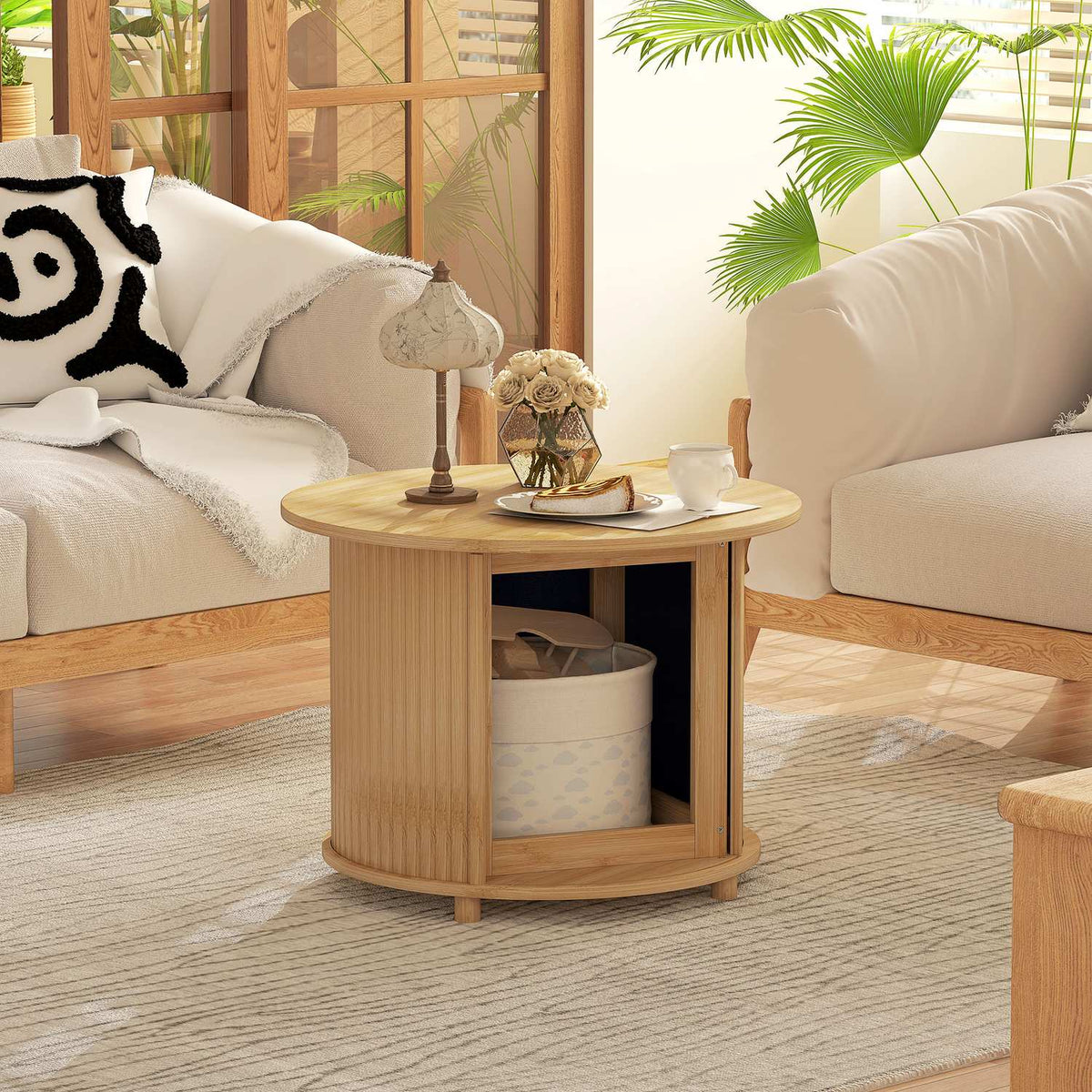 Ronde bamboe salontafel met opbergruimte – modern design