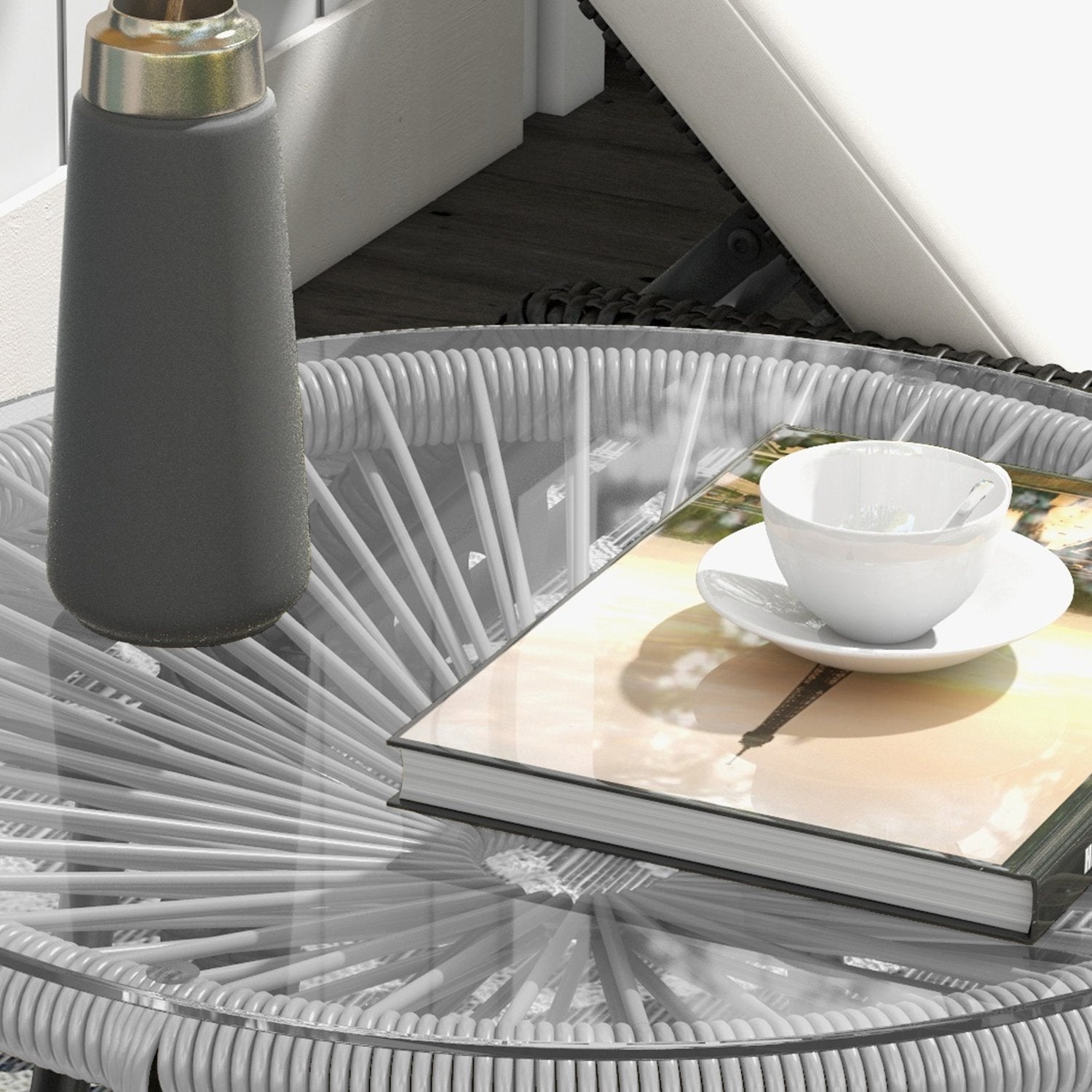 Ronde salontafel van rotan – Glazen blad, 50x50x50cm, zwart/grijs