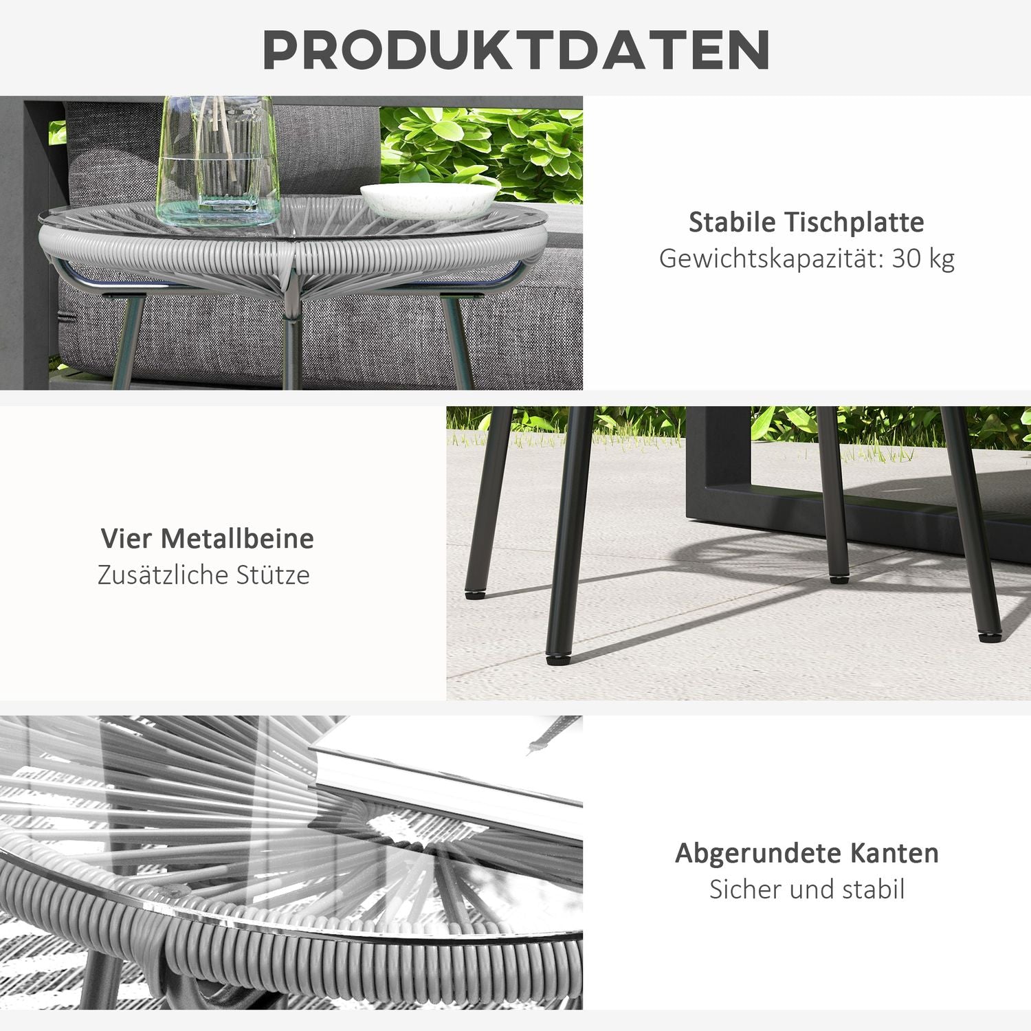 Ronde salontafel van rotan – Glazen blad, 50x50x50cm, zwart/grijs