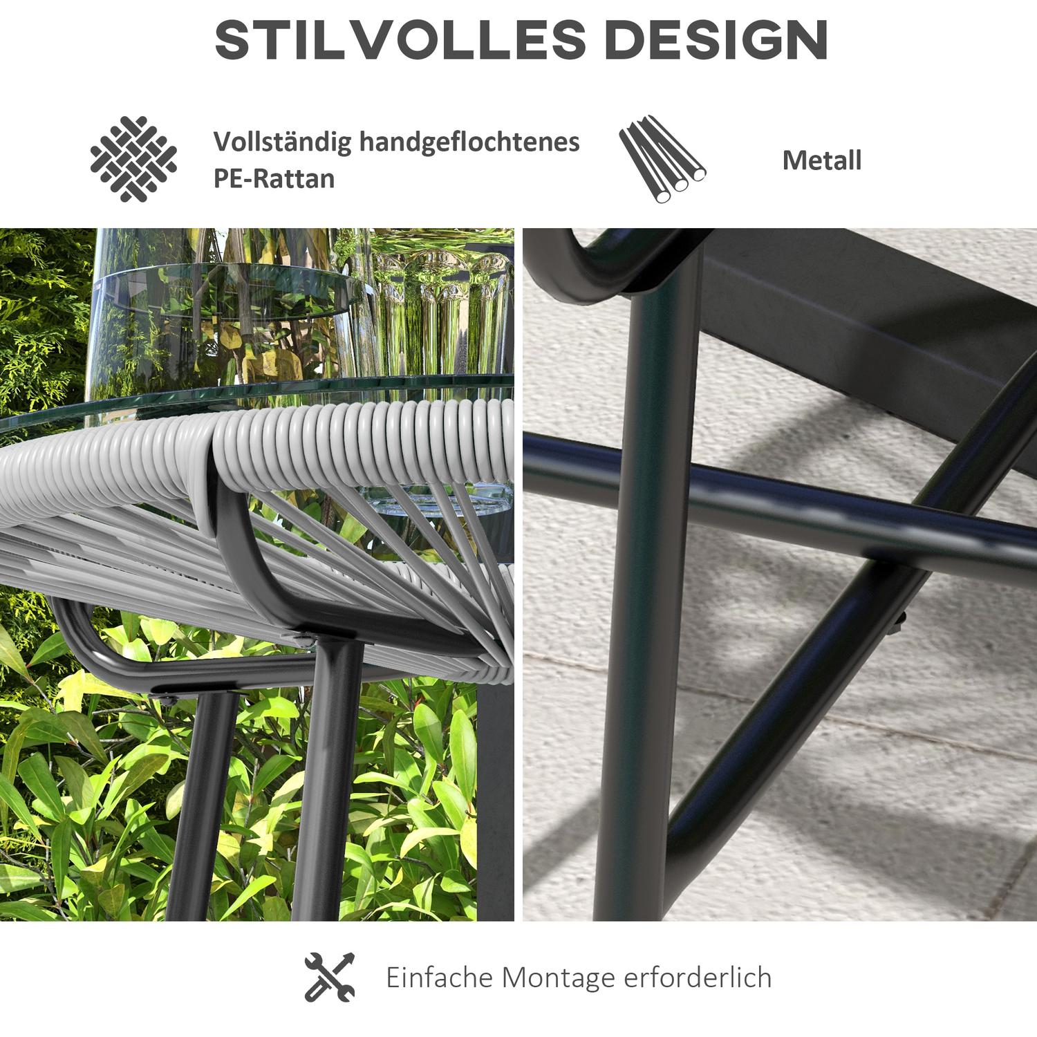 Ronde salontafel van rotan – Glazen blad, 50x50x50cm, zwart/grijs
