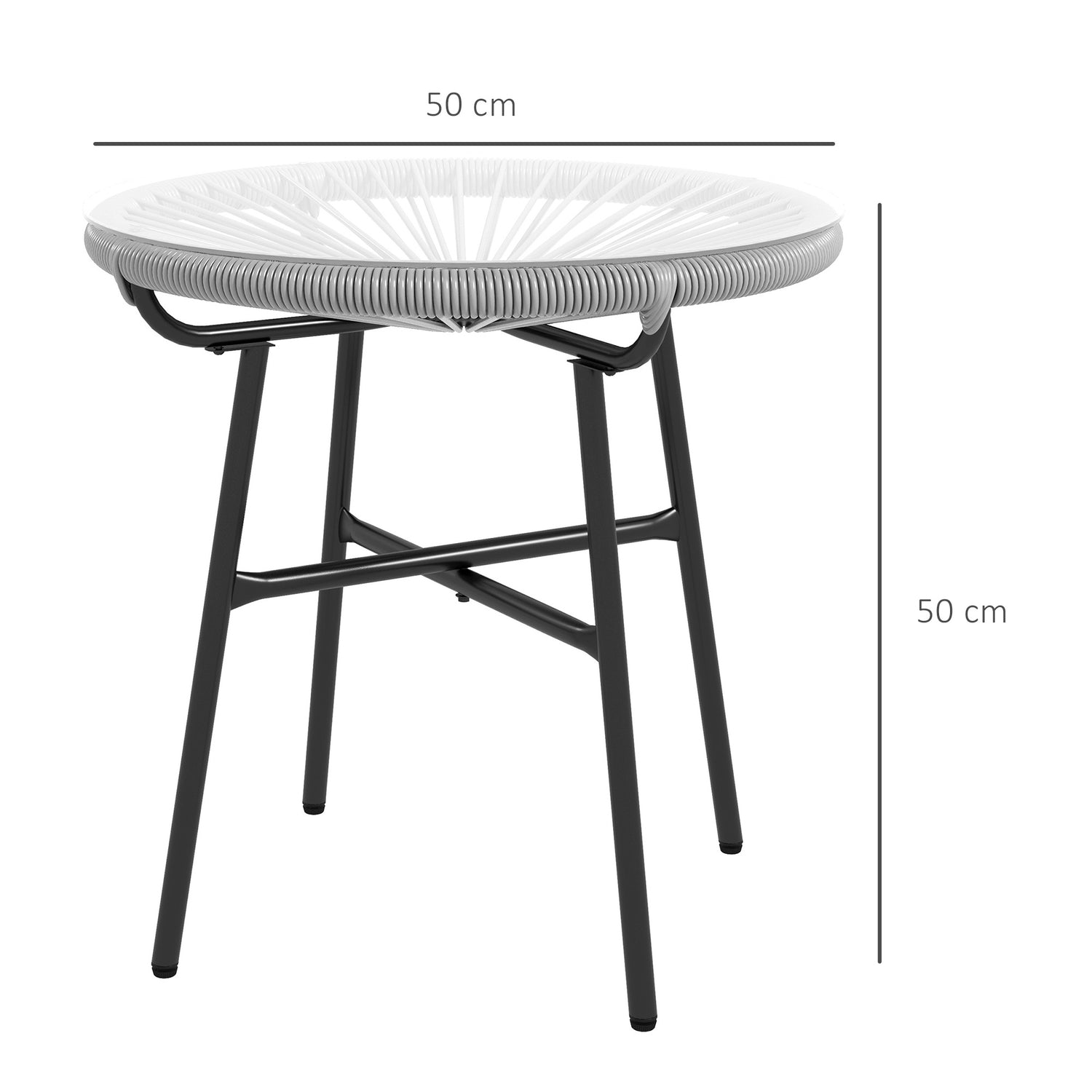 Ronde salontafel van rotan – Glazen blad, 50x50x50cm, zwart/grijs