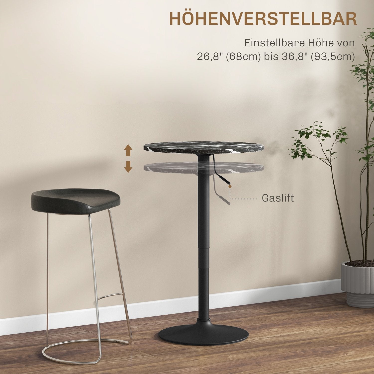 Ronde zwarte eettafel, marmerlook – verstelbaar Ø60 x 68-93,5 cm