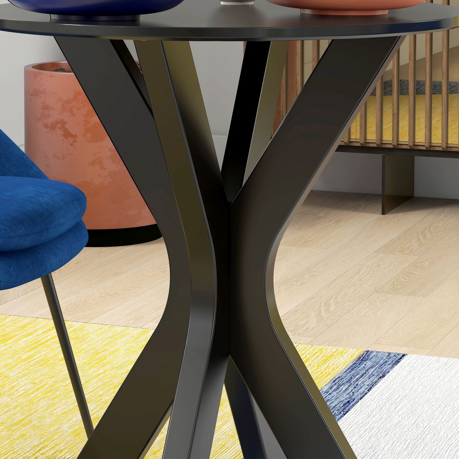 Ronde zwarte eettafel, modern stalen onderstel, Ø78 x 75 cm