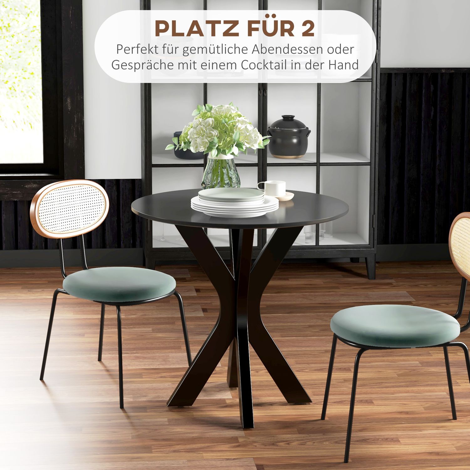 Ronde zwarte eettafel, modern stalen onderstel, Ø78 x 75 cm