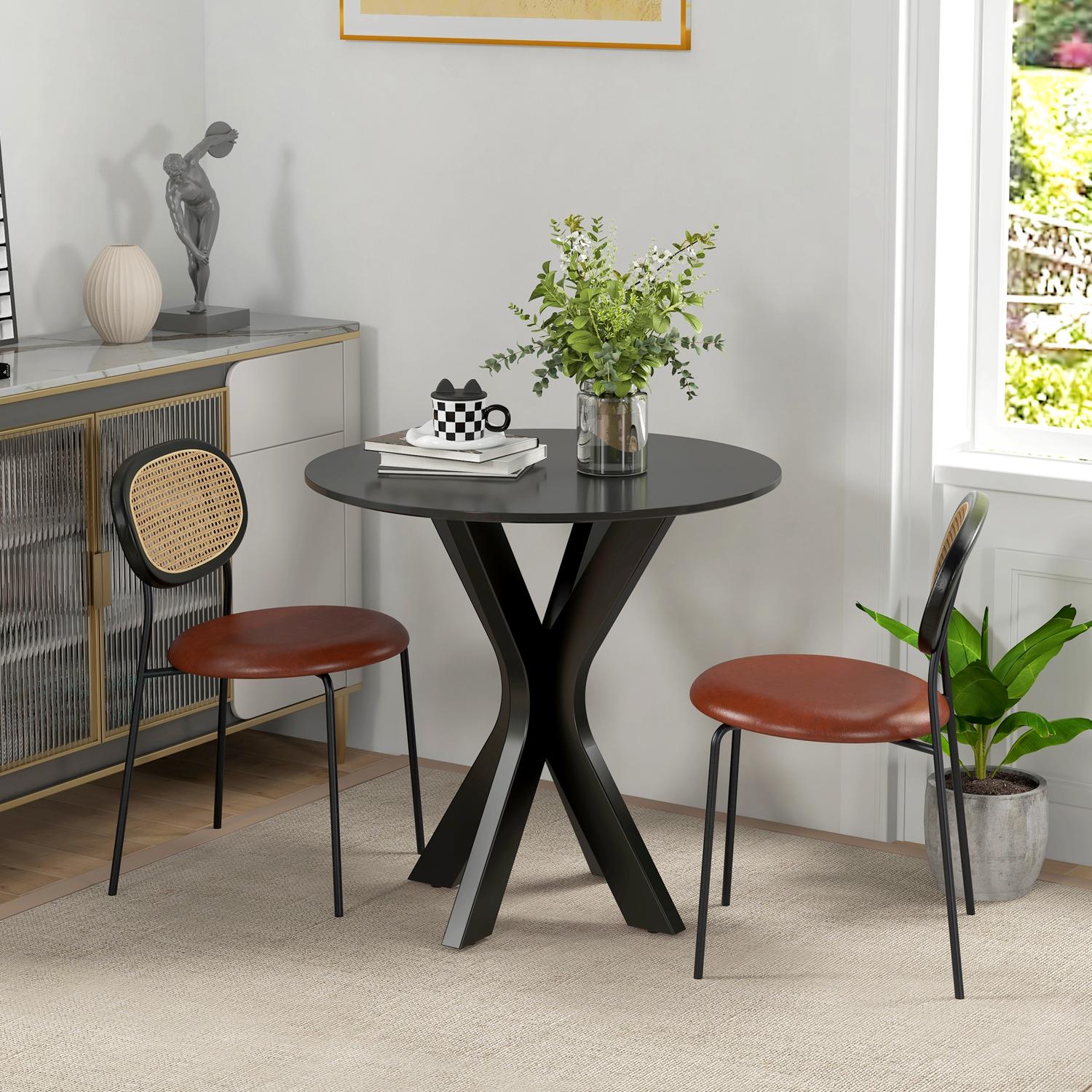Ronde zwarte eettafel, modern stalen onderstel, Ø78 x 75 cm