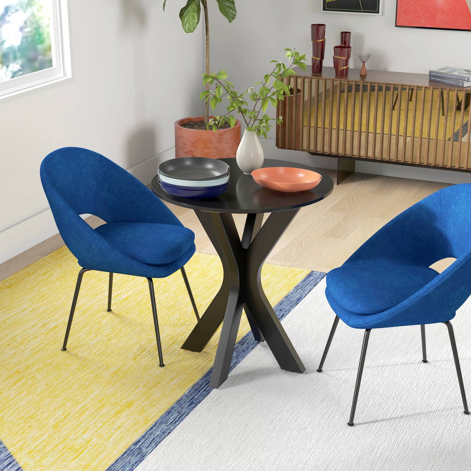 Ronde zwarte eettafel, modern stalen onderstel, Ø78 x 75 cm