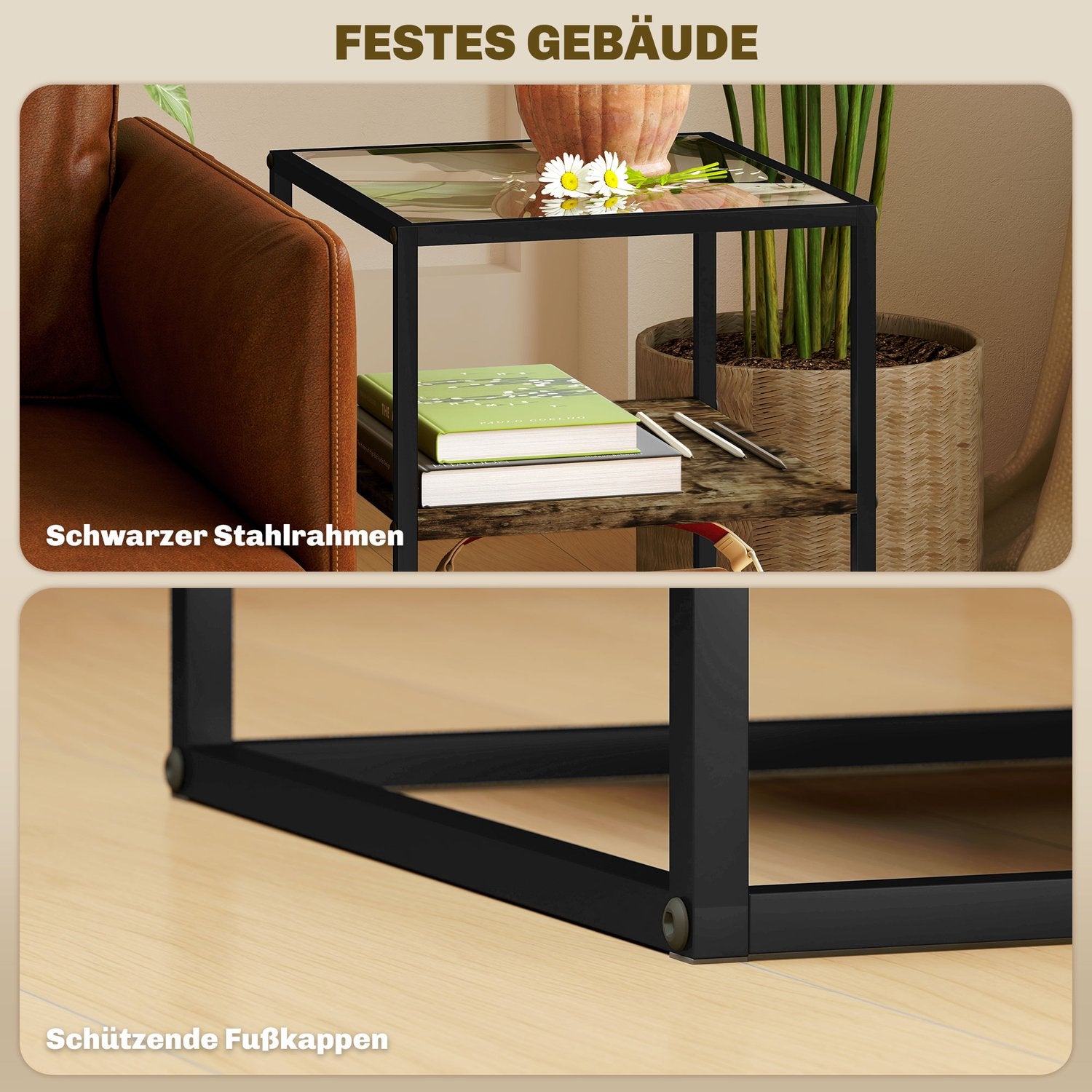 Rustieke bruine 3-laags glazen salontafel - set van 2