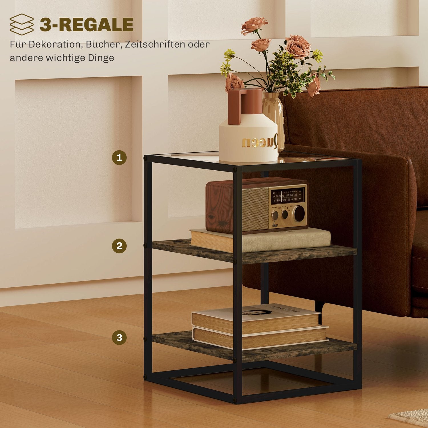 Rustieke bruine 3-laags glazen salontafel - set van 2