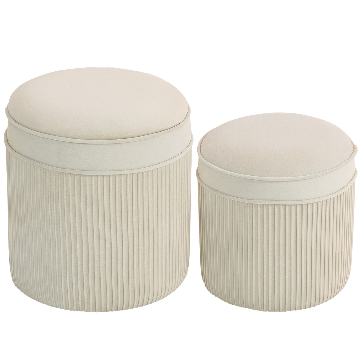 Set van 2 opberghockers, rond, fluweel, crèmekleurig, 36x36x41,5 cm