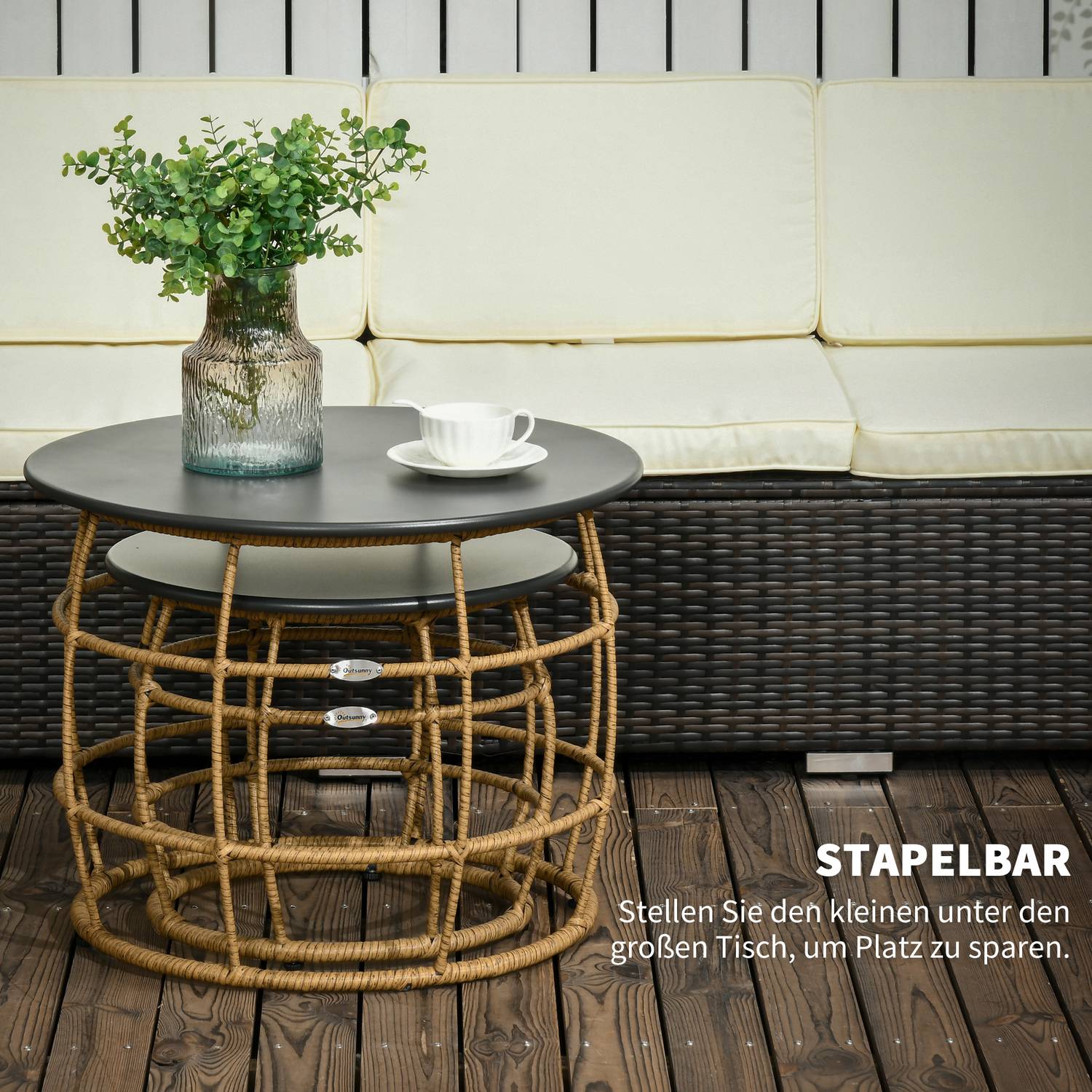 Set van 2 handgeweven bijzettafels, Ø46+Ø60 cm, zandkleur