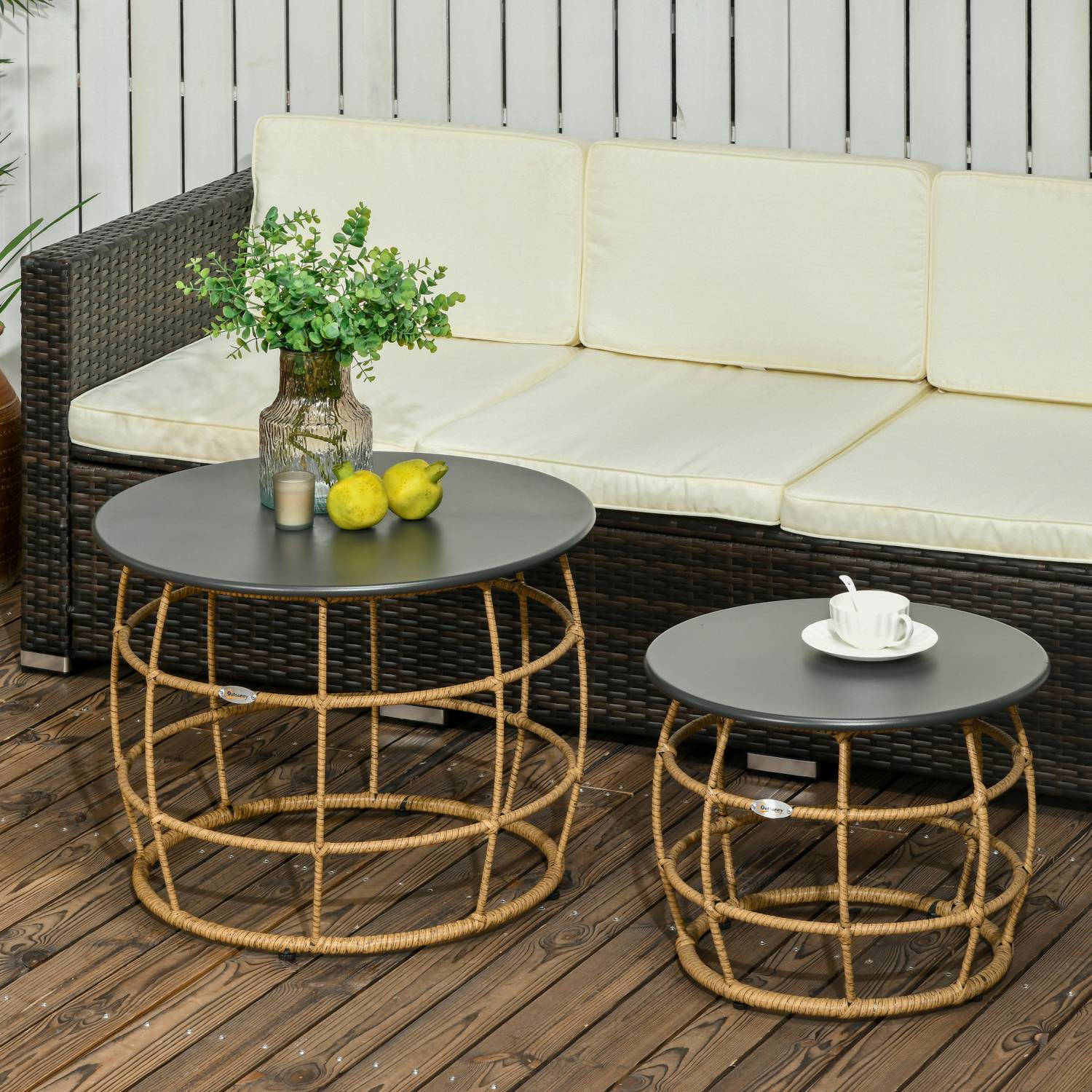 Set van 2 handgeweven bijzettafels, Ø46+Ø60 cm, zandkleur