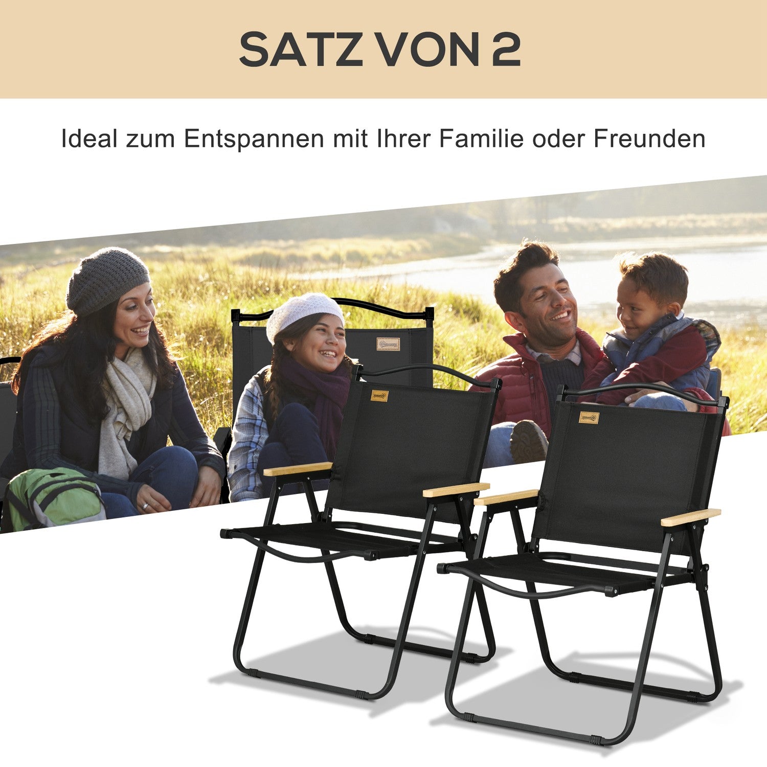 Set van 2 opvouwbare campingstoelen, zwart stalen frame