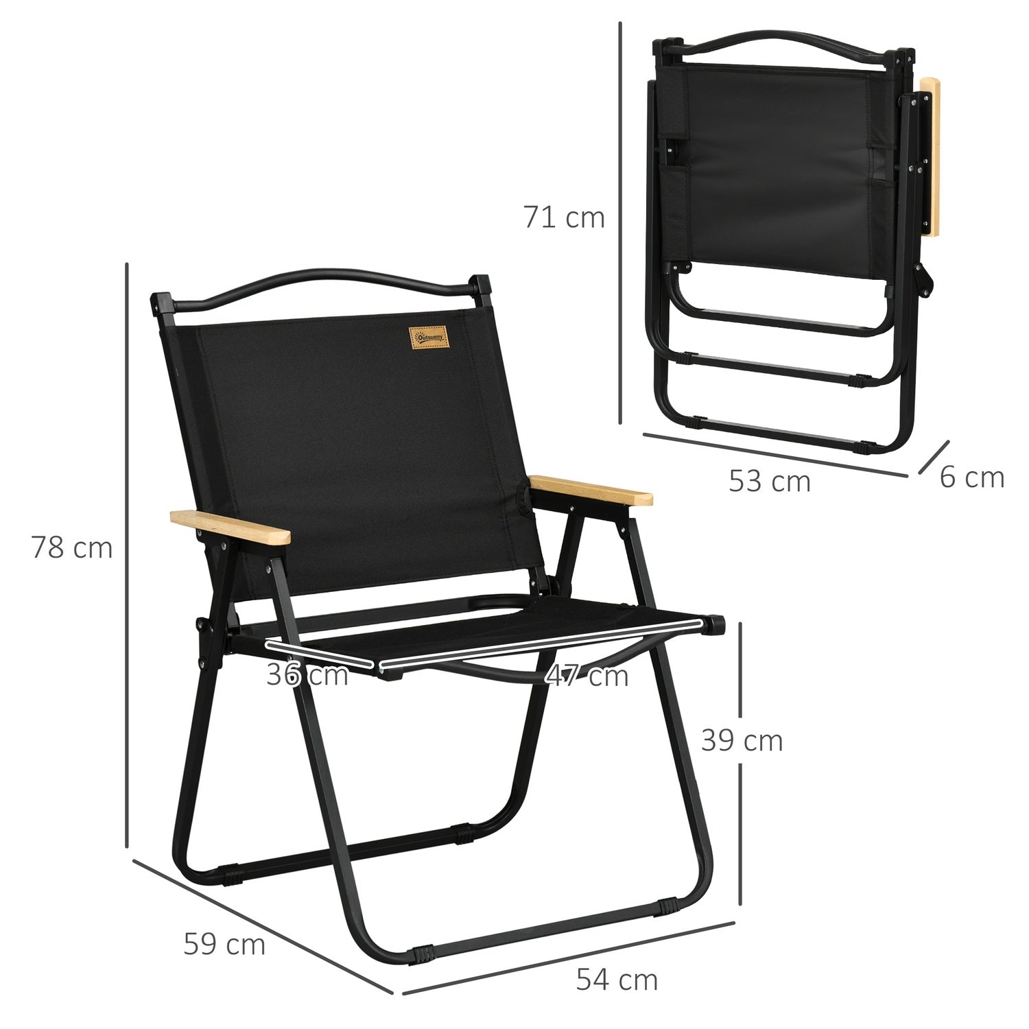 Set van 2 opvouwbare campingstoelen, zwart stalen frame