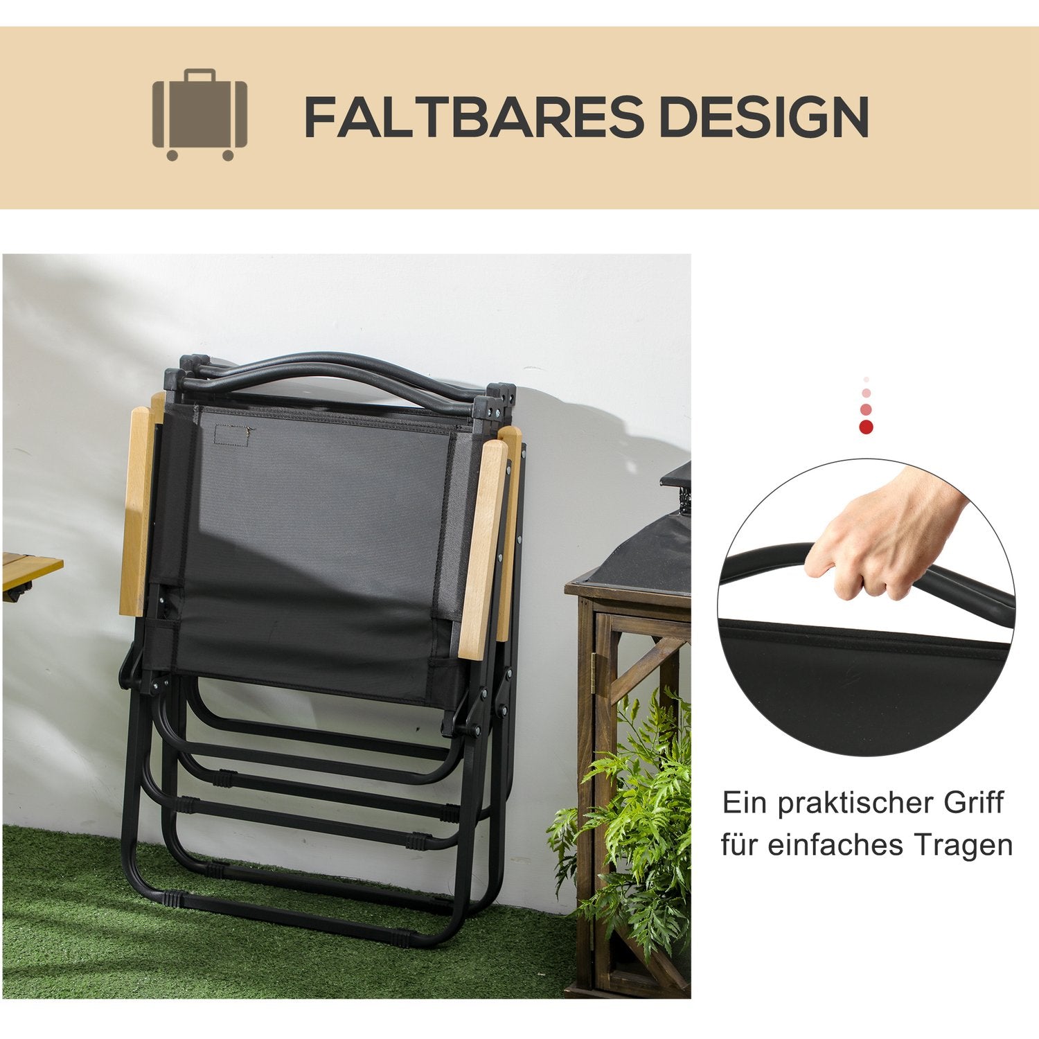 Set van 2 opvouwbare campingstoelen, zwart stalen frame