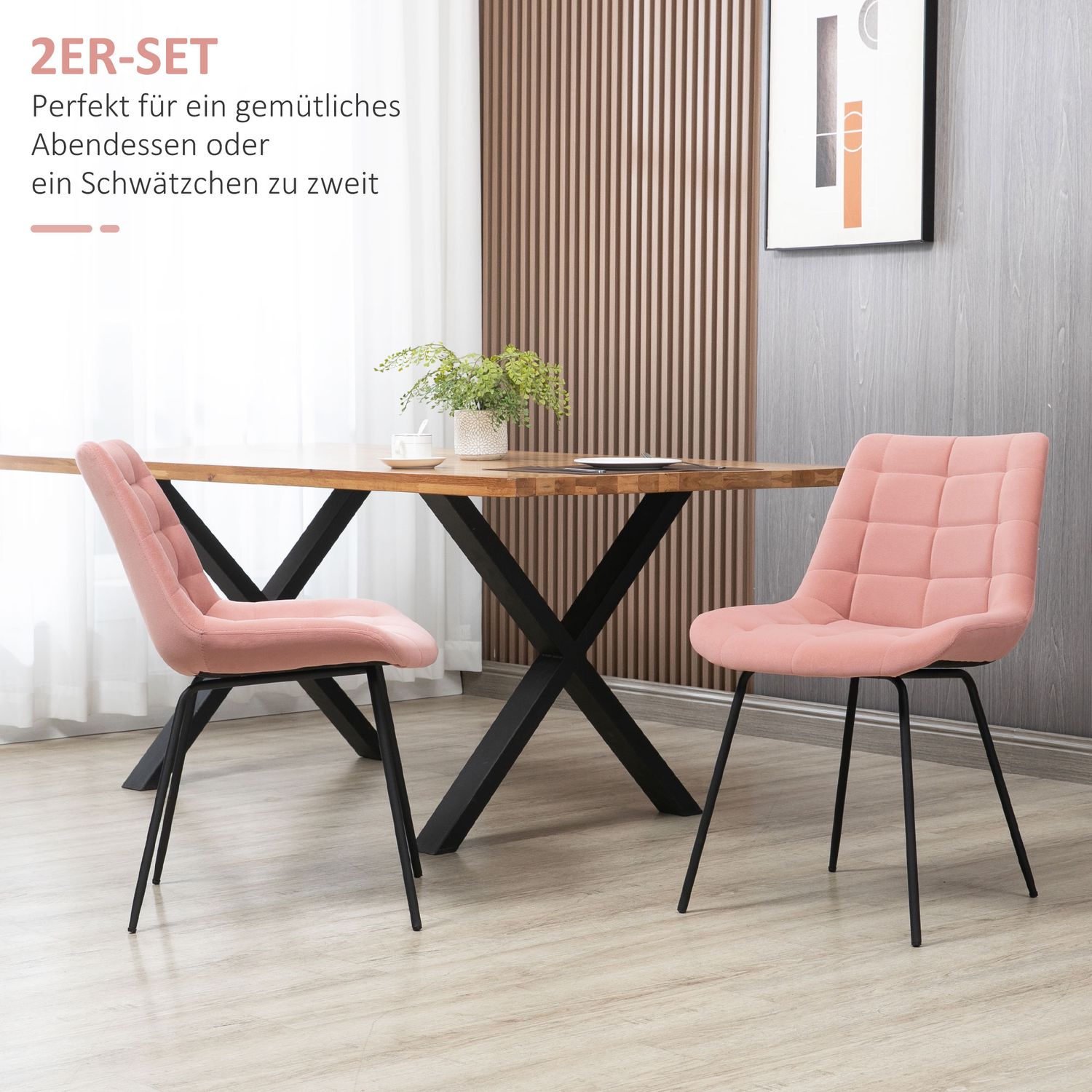 Set van 2 fluwelen eetkamerstoelen, roze, retrodesign, stalen poten