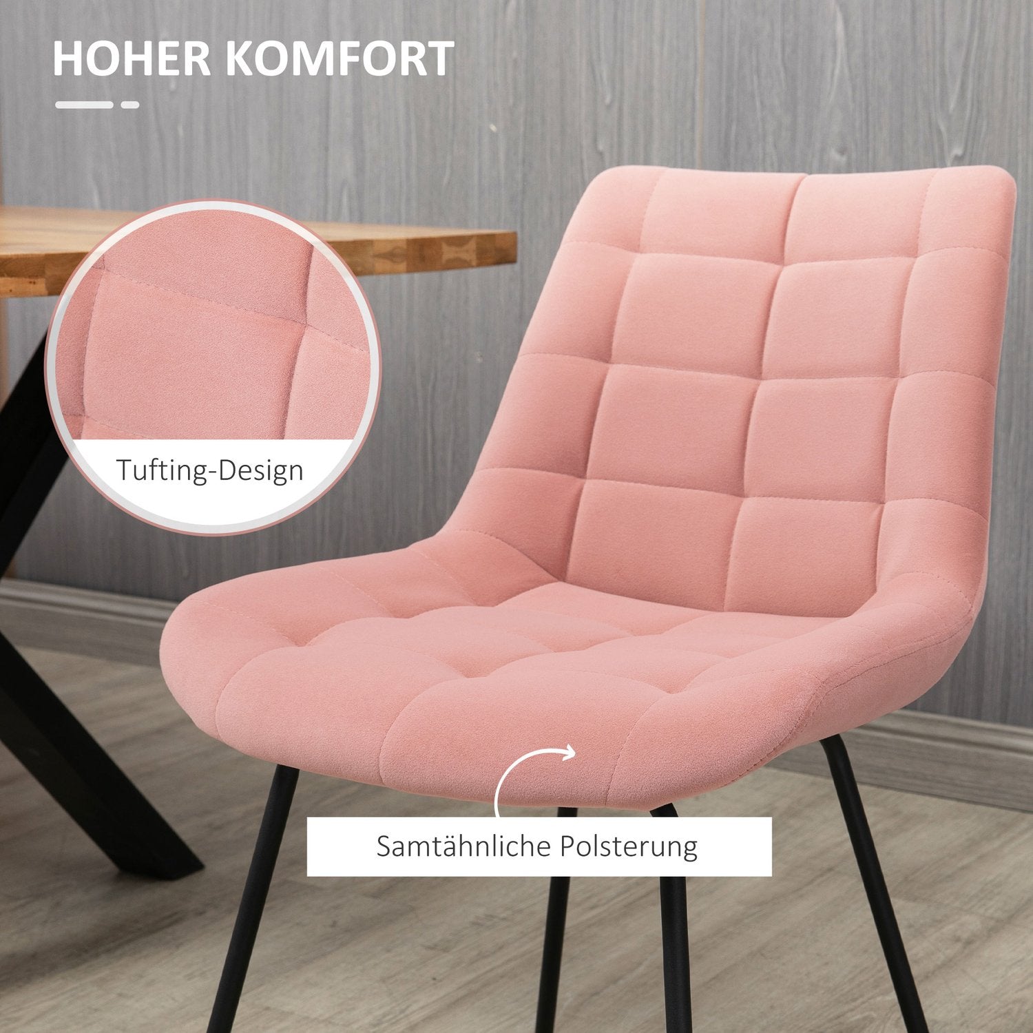 Set van 2 fluwelen eetkamerstoelen, roze, retrodesign, stalen poten