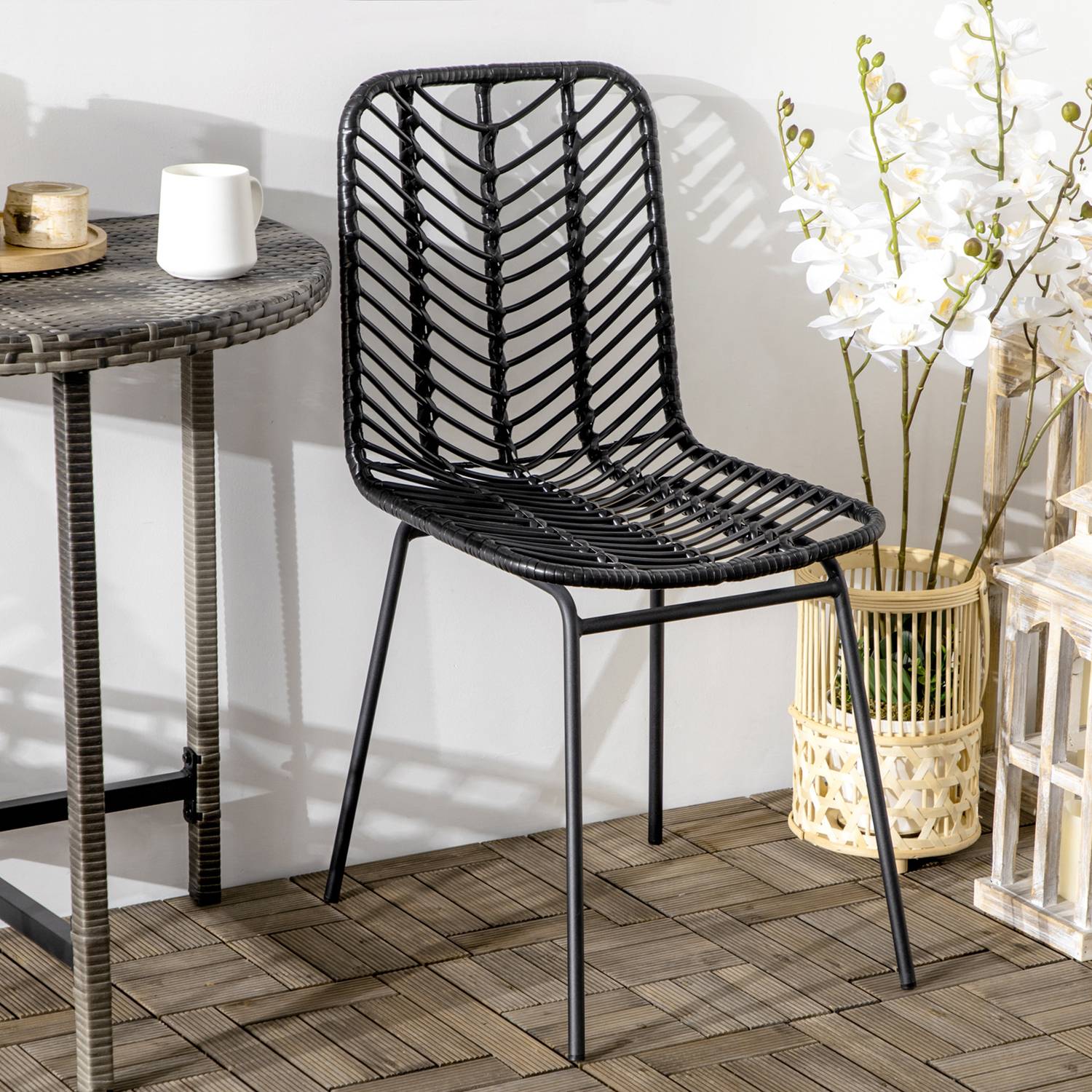 Set van 2 eetkamerstoelen van zwart rotan met rugleuning